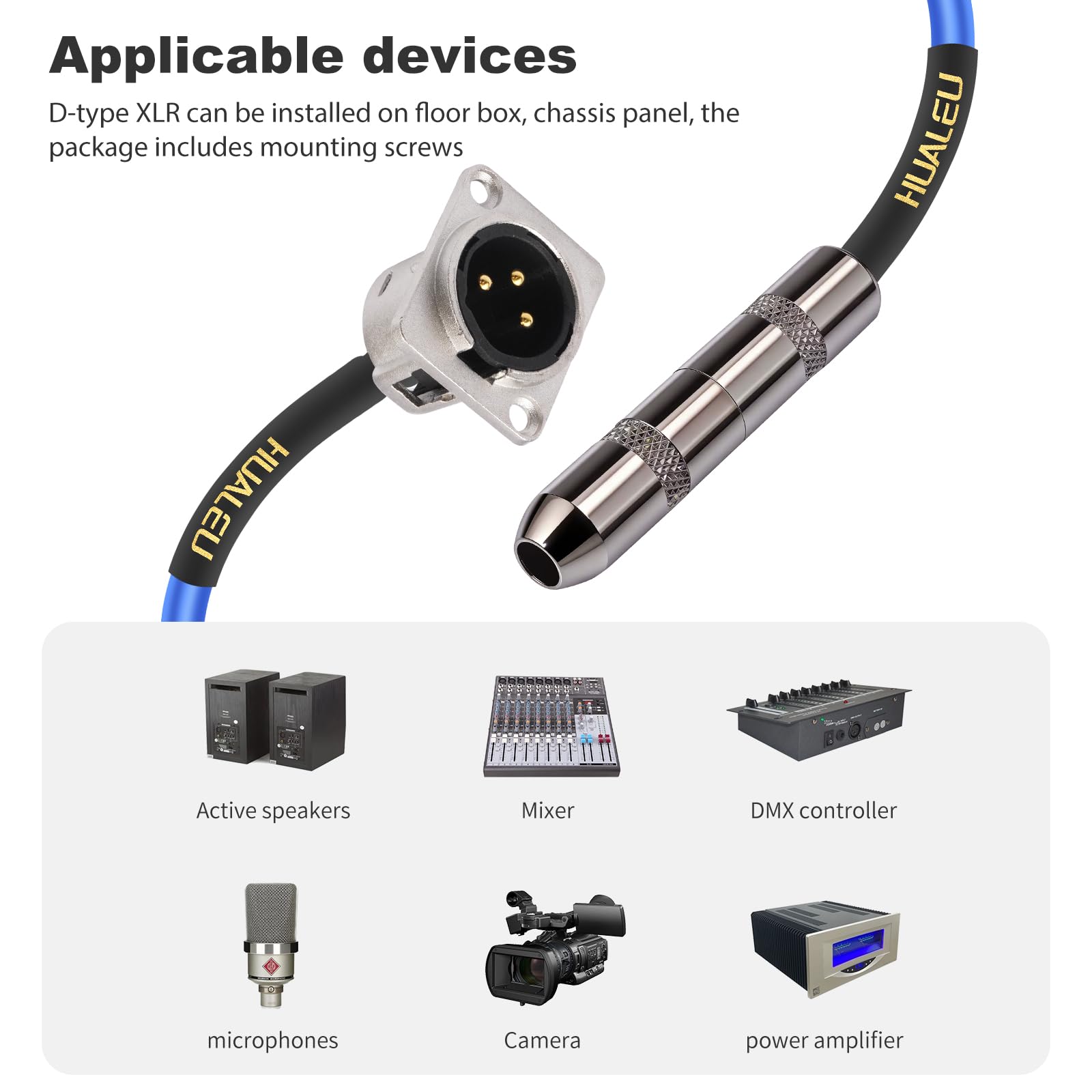 HUALEU 2FT 1/4 Female to XLR Pass Through Cable,D Type 3Pin XLR Male to 6.35mm TRS Female Patch Panel, Floor Box Audio cable-20AWG Silver-Plated Copper Conductor,Included with mounting screws-2Pack