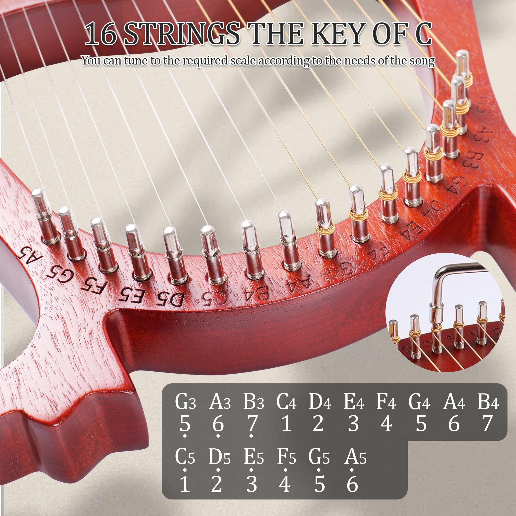 Mulucky Lyre Harp 16 Metal Steel String Bone Saddle Mahogany Lyre Instrument with Tuning Wrench and Black Gig Bag – MLH1602