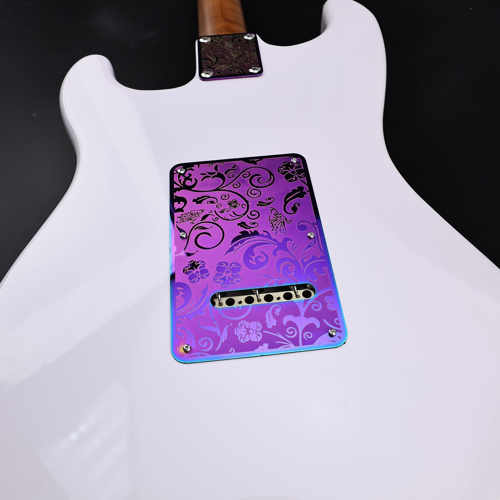 OVSAL Stainless Steel Guitar Back Plate 6 holes Engraved Metal Trem Tremolo Cover Electric Guitar Back Cover Plate Compatible with USA/Mexican Standard FD Strat ST Replacement Parts (Purple)