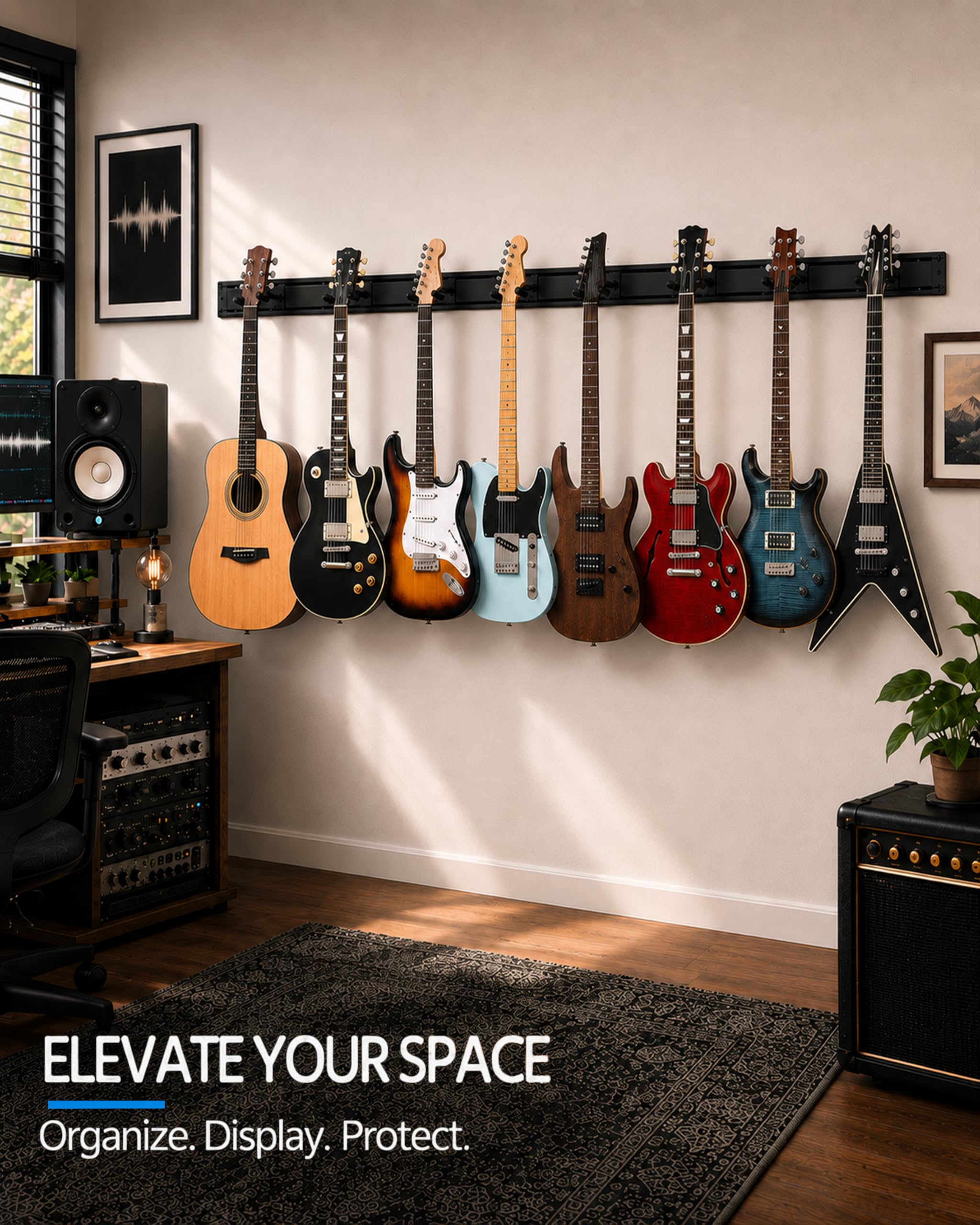 Guitar Wall Mount for Multiple Guitars, Adjustable Guitar Wall Rack with Rubber Cradles & Fixed Clips, Aluminum Guitar Hanger Organizer for Acoustic Electric Guitar, Bass, Violin, Ukulele Storage Display- 8 Hangers
