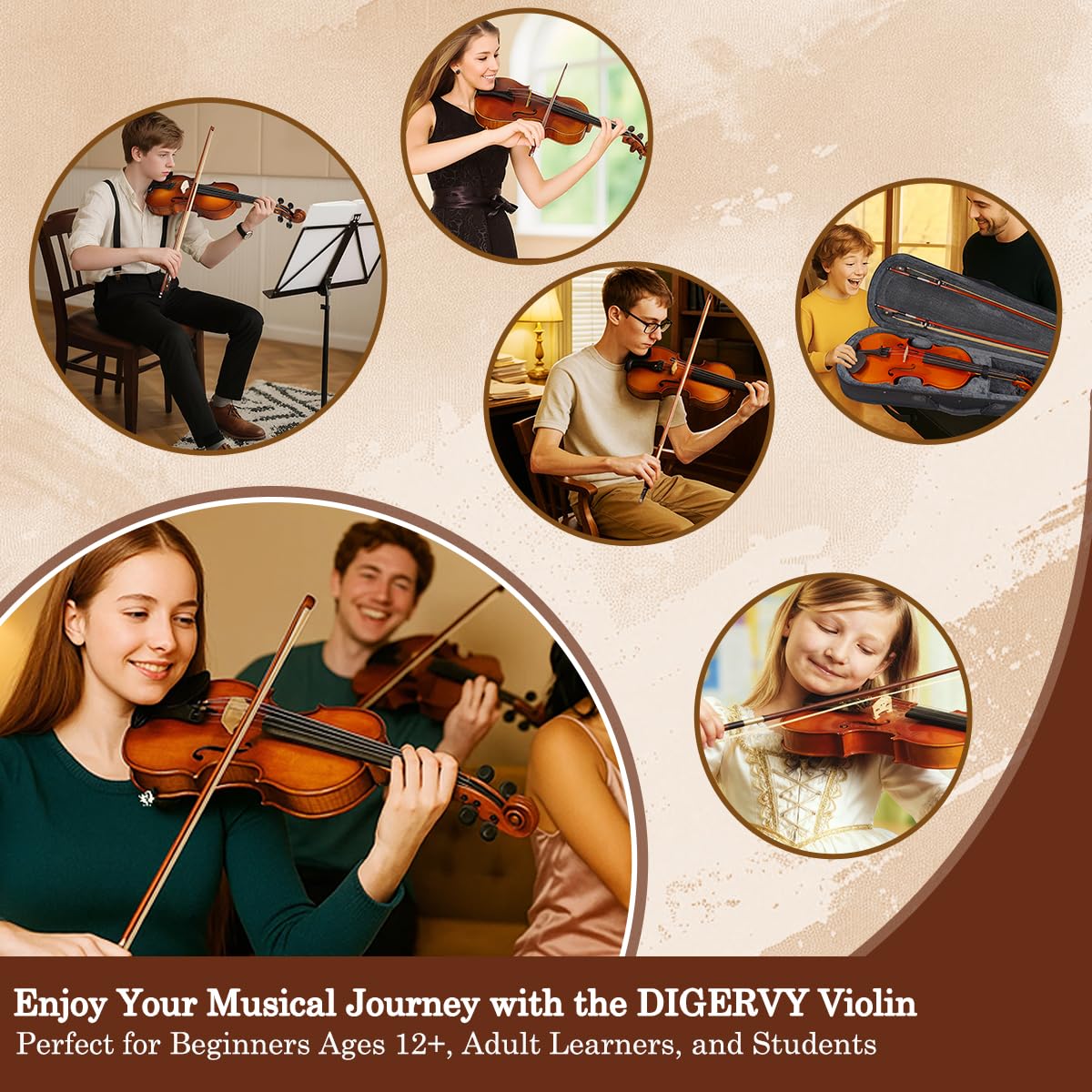 DIGERVY Violin 4/4 Full Size Kit, Violin Fiddle Set for Beginner Adults Students with Rosewood Bow, Violin Case, Shoulder Rest, Extra Strings and Bridge(Plywood, Full)