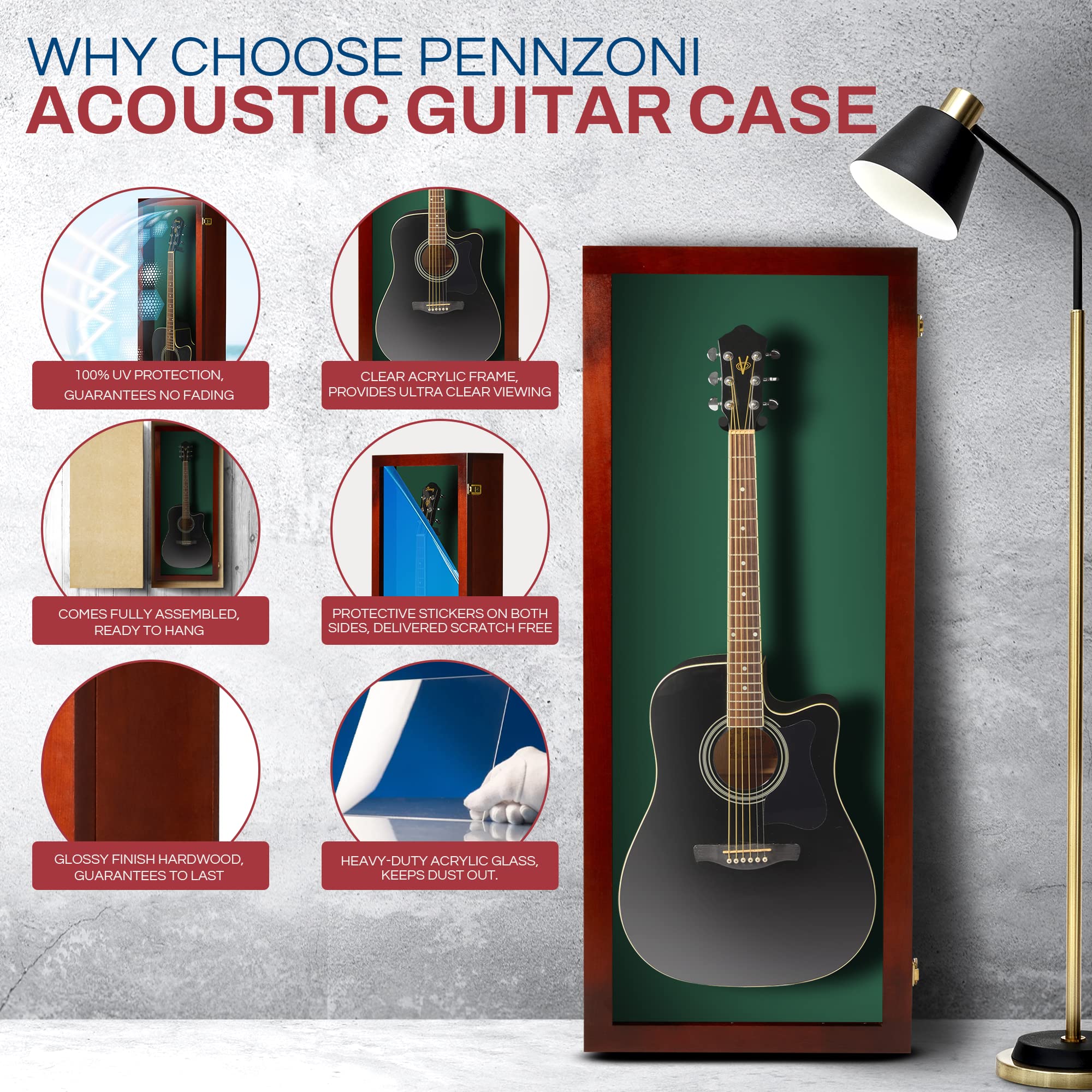 PENNZONI Acoustic Guitar Display Case – Acrylic Acoustic Guitar Case – Guitar Display Case Wall Mount Made from Hardwood Frame & Clear Acrylic – Cherry w/ Felt Green