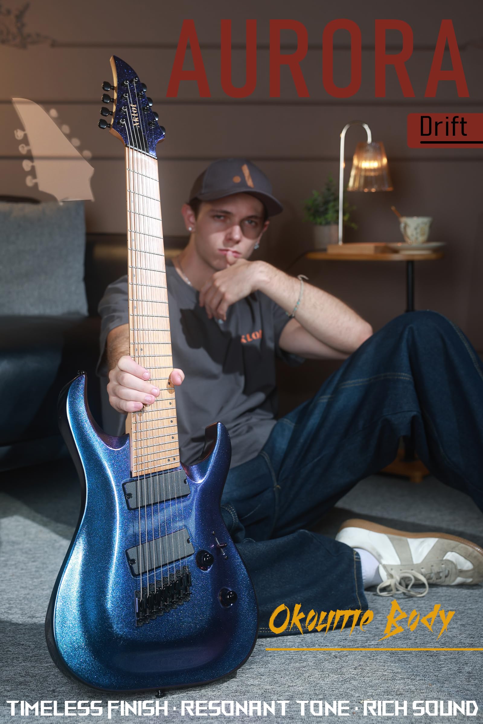 AKLOT Multi-Scale 7-String Electric Guitar: Roasted Maple Neck with String-Through Bridge Electric Guitars Kit with Okoume Body, HH Pickup, Gig Bag, Strap, Distortion Pedal, XRN-7 Yellow