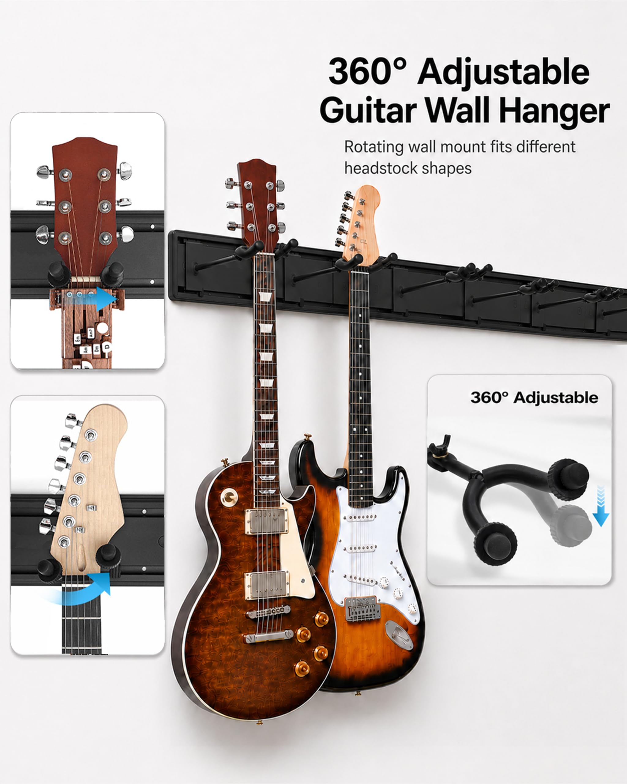 Guitar Wall Mount for Multiple Guitars, Adjustable Guitar Wall Rack with Rubber Cradles & Fixed Clips, Aluminum Guitar Hanger Organizer for Acoustic Electric Guitar, Bass, Violin, Ukulele Storage Display- 8 Hangers