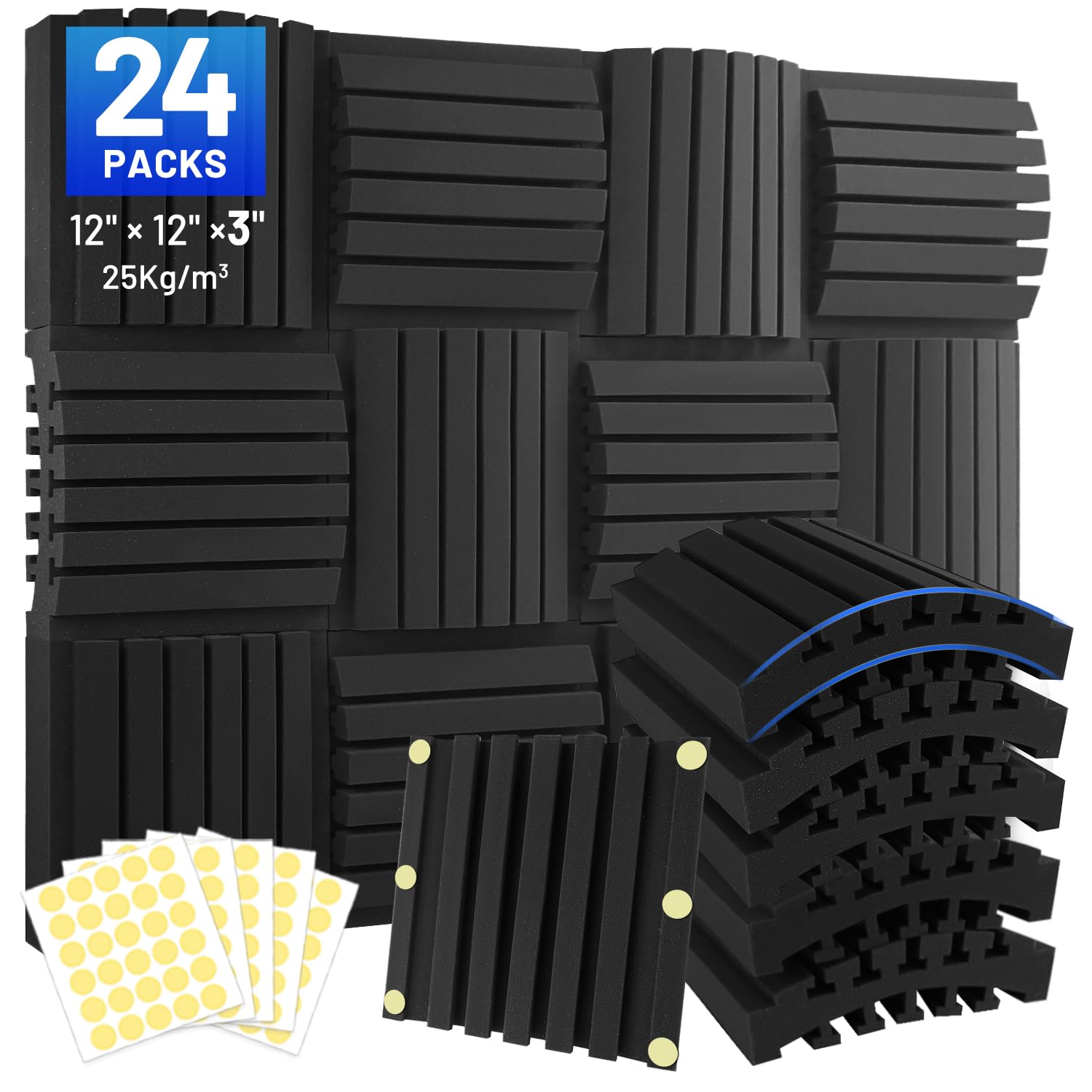 Focusound 24 Pack Curved Acoustic Foam Panels 3″ x 12″ x 12″ Sound Proof Foam Panels Soundproofing Noise Cancelling Wedge Panels for Home Office Recoding Studio with 150 PCS Double-Side Adhesive