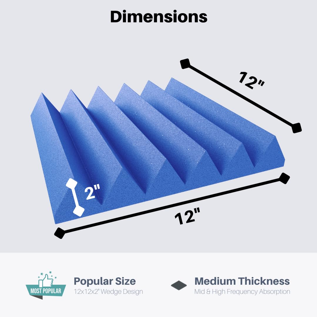 Soundproofing Acoustic Studio Foam – Blue Color – Wedge Style Panels 12”x12”x2” Tiles – 4 Pack