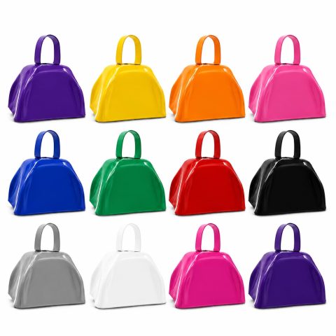 The Dreidel Company Assorted Color Metal Cowbell Noisemaker Cheering Bell, New Years, School Classroom, Wedding Bells & Chimes Percussion Musical Instruments Call Bell Alarm, 3″ (12-Pack)