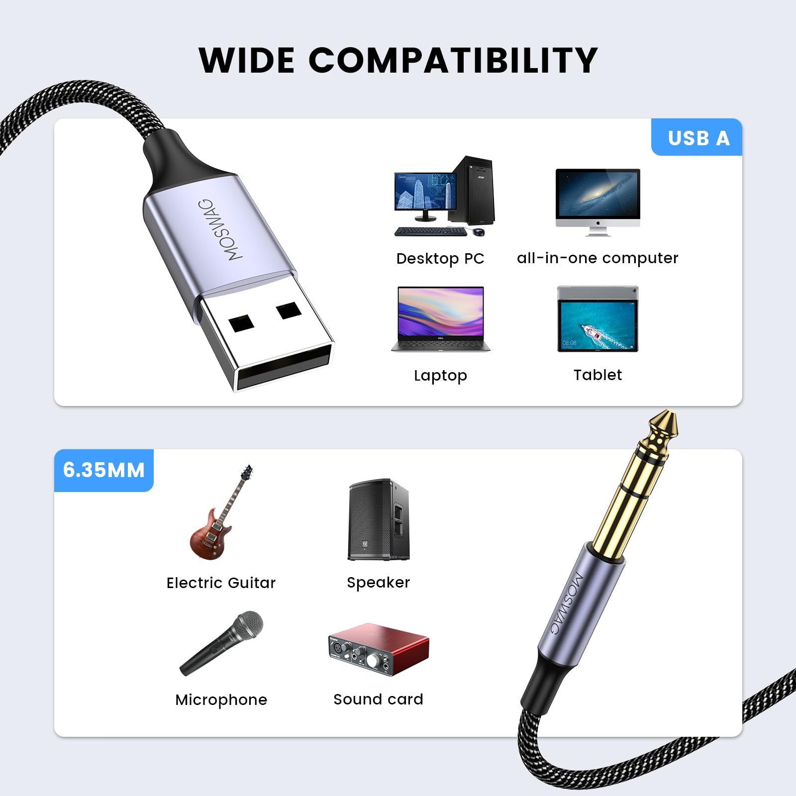 MOSWAG USB Male to 6.35mm Audio Cable Recording 3.3FT