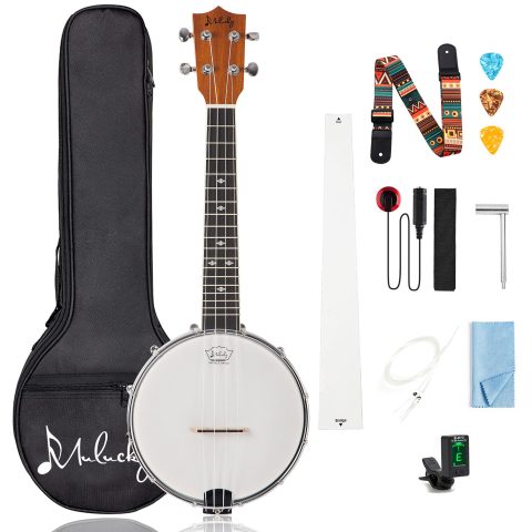 Mulucky 4 String Banjolele BU8017, 23″ Sapele Wood Banjo Ukulele Travel Kit