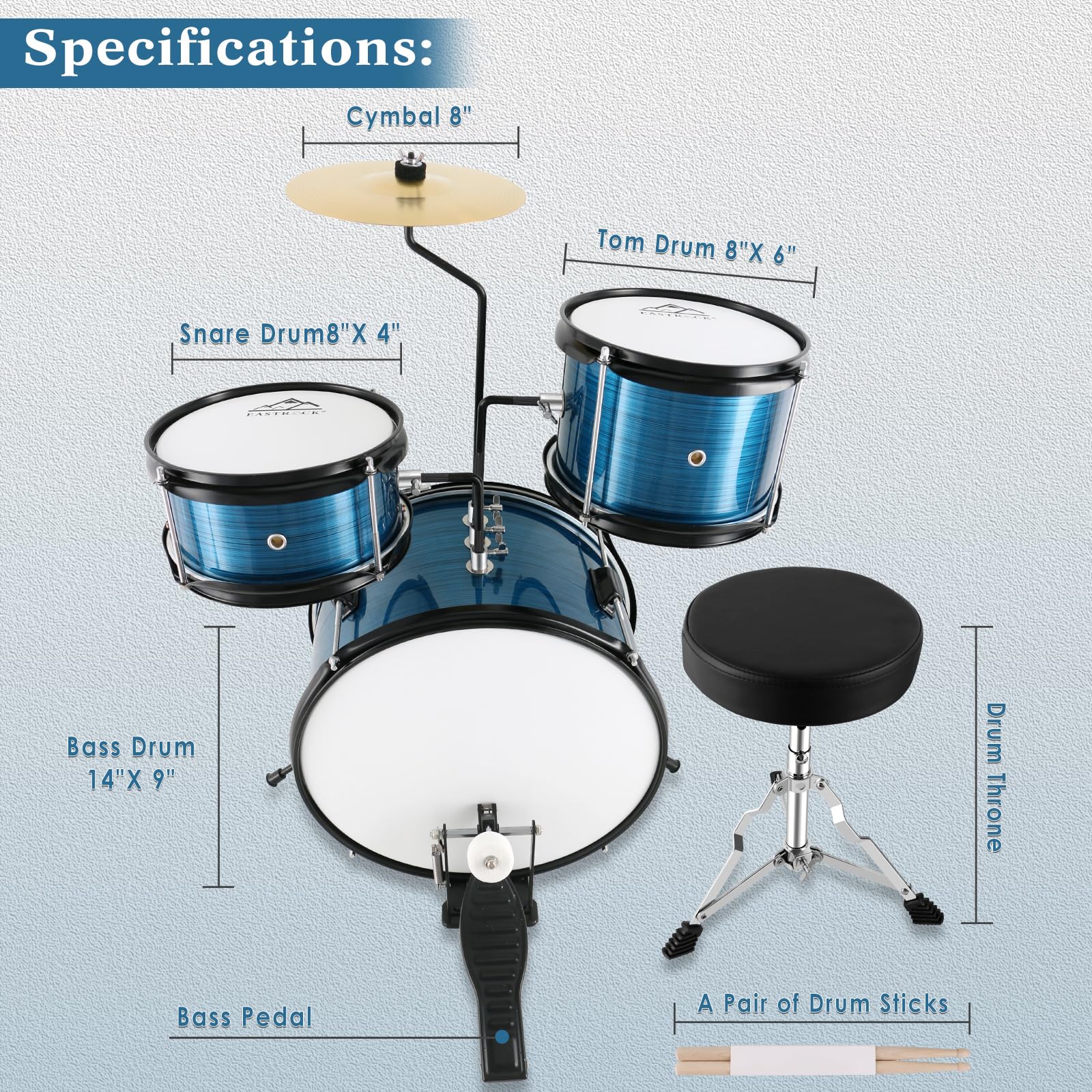 EASTROCK 3 Piece 14” Junior Drum sets for Drummer,Blue