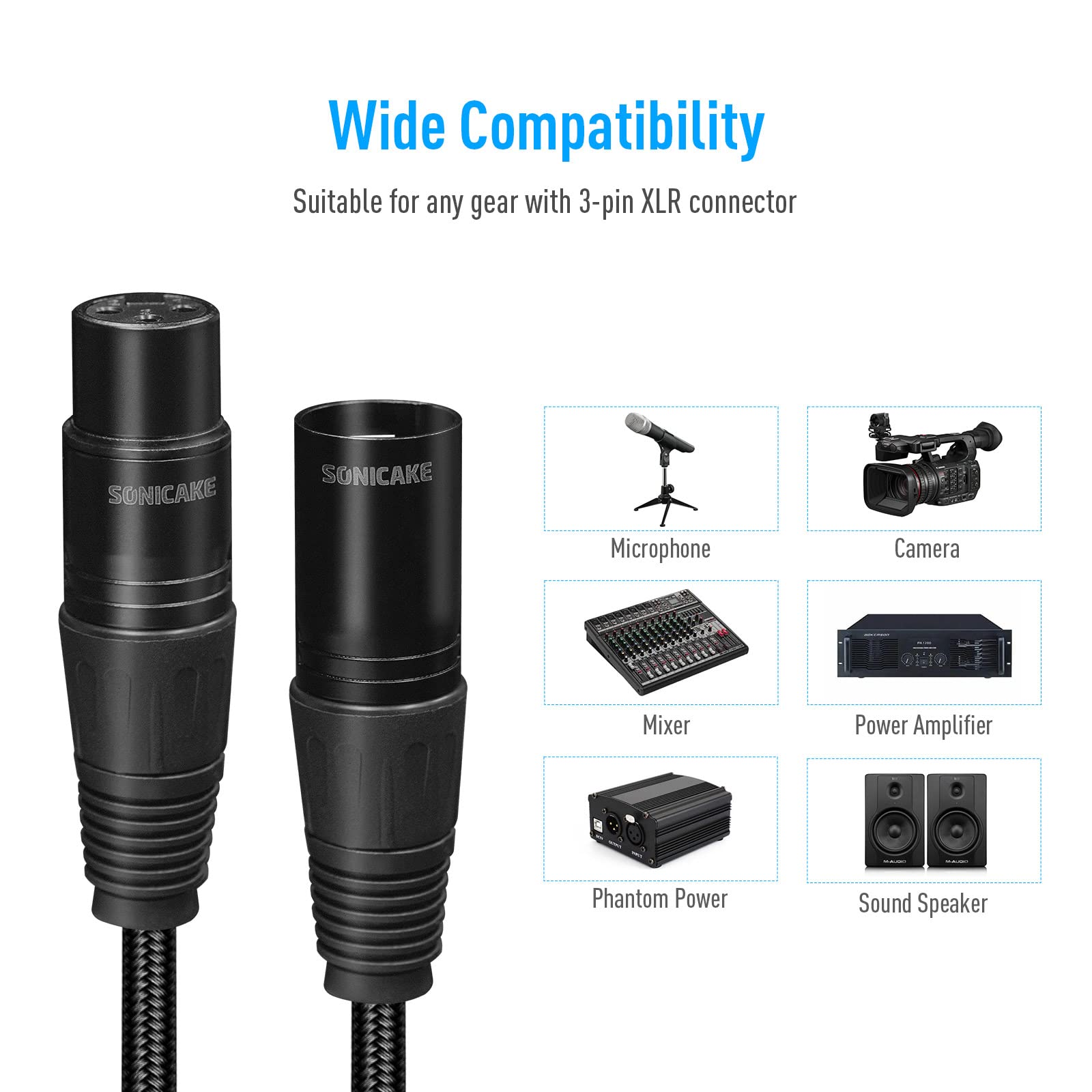 SONICAKE XLR Microphone Cable Male to Female 3 Pin Nylon Braided for Studio Recording and Live Production 6 Feet/2M, Black