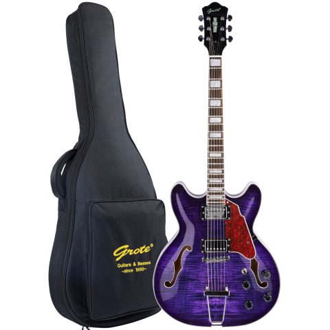 GROTE Jazz Electric Guitar Semi-Hollow Body Trapeze Tailpiece Bridge Guitar Gig Bag (Purple)