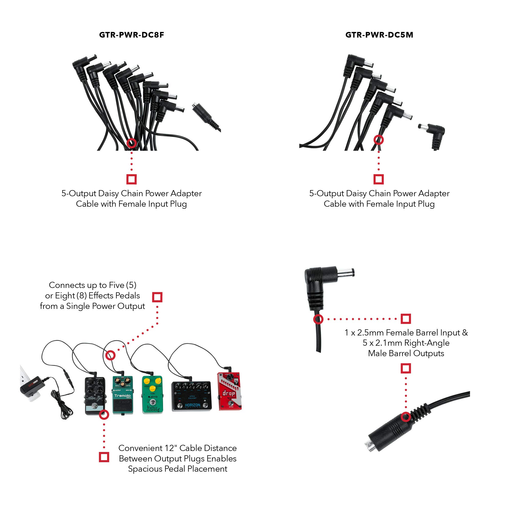 Gator Male Daisy Chain Power Cable with 5 Outputs – 5 Foot