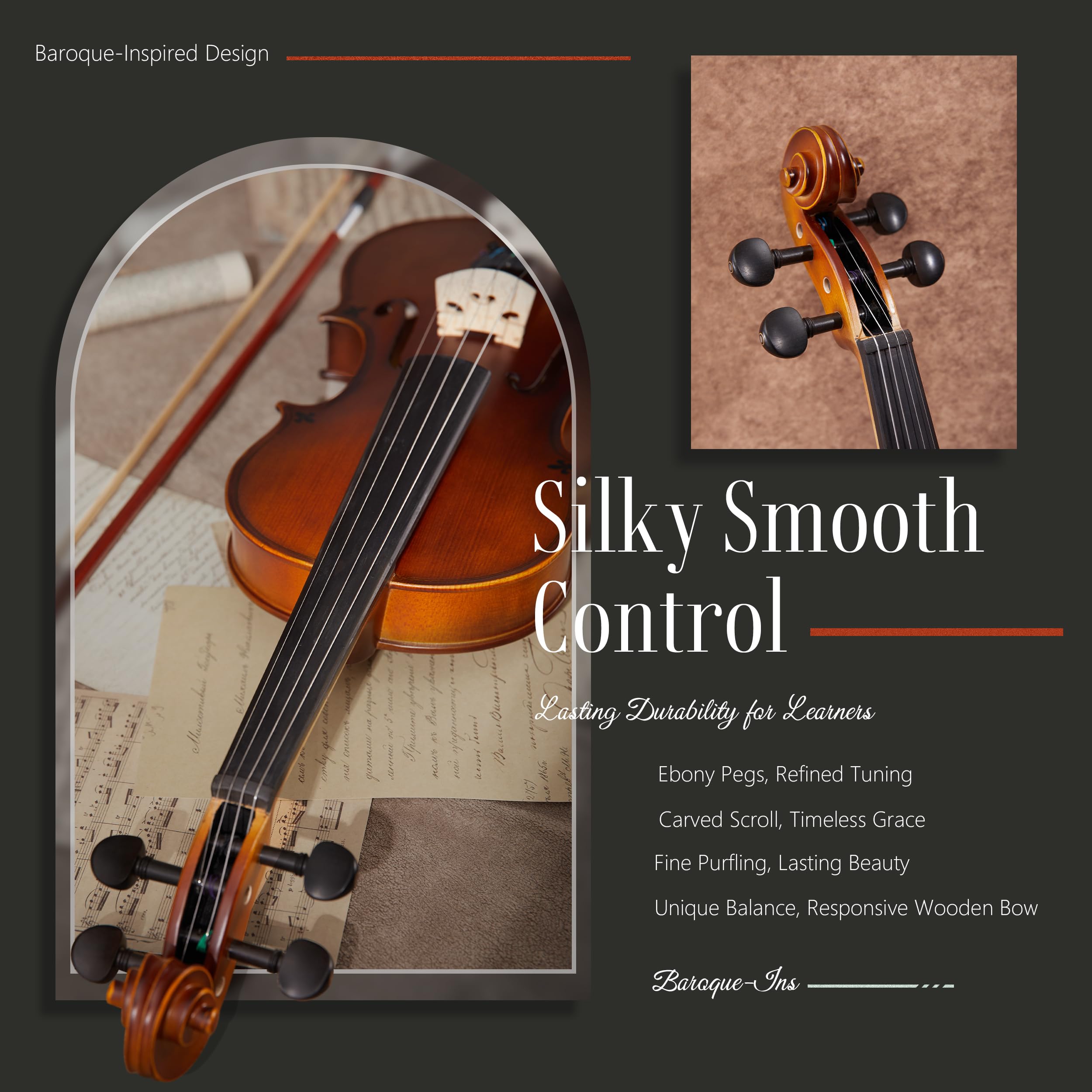 AKLOT Handcrafted Full Size Violin: Solid Wood Matte Fiddle, Acoustic Beginner 4/4 Violin Kit with Hard Case, Lesson Book, Bow, Shoulder Rest, Extra Strings, Tuner, Fretboard Stickers (VRT-AmiMS)