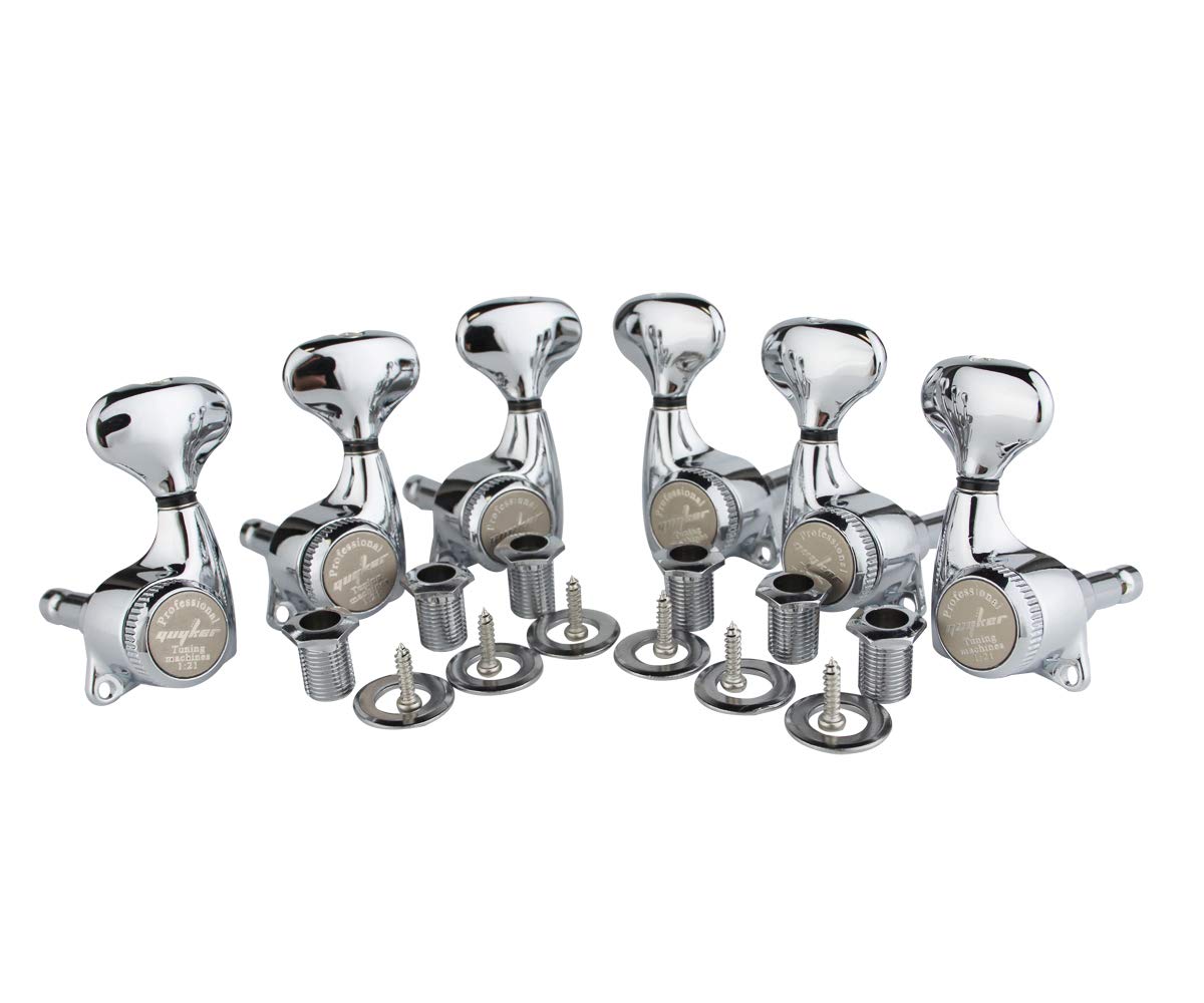 Guyker Guitar Locking Tuners (3L + 3R) – 1:21 Lock String Tuning Key Pegs Machine Head Set Replacement for ST TL SG LP Style Electric, Folk or Acoustic Guitars – Chrome