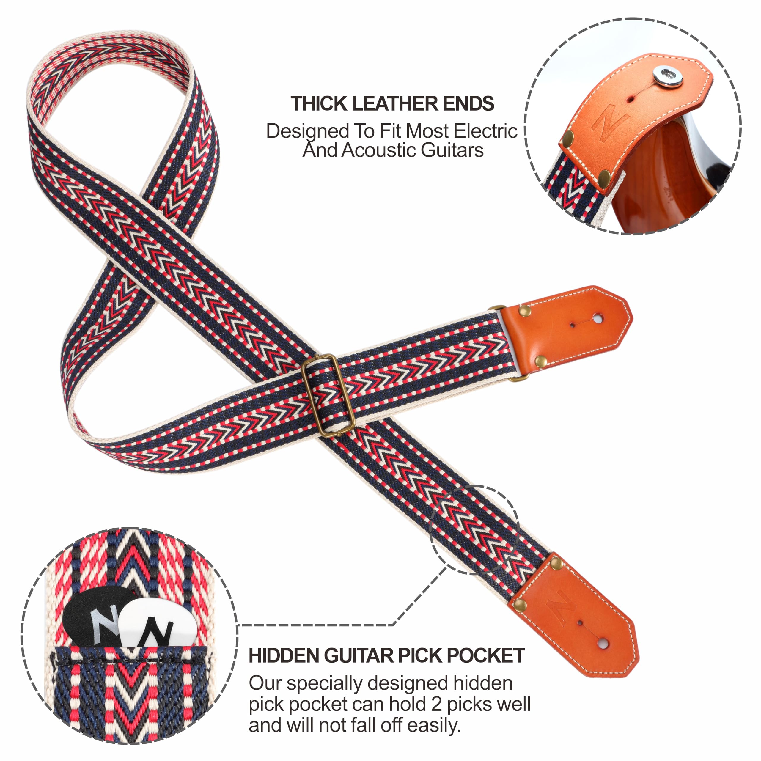 Nefelibata Guitar Strap, Denim Guitar Straps with Thicked First Layer Vegetable Tanned Cowhide Leather Ends for Acoustic, Bass, Electric, Gift for Guitarists and Musicians