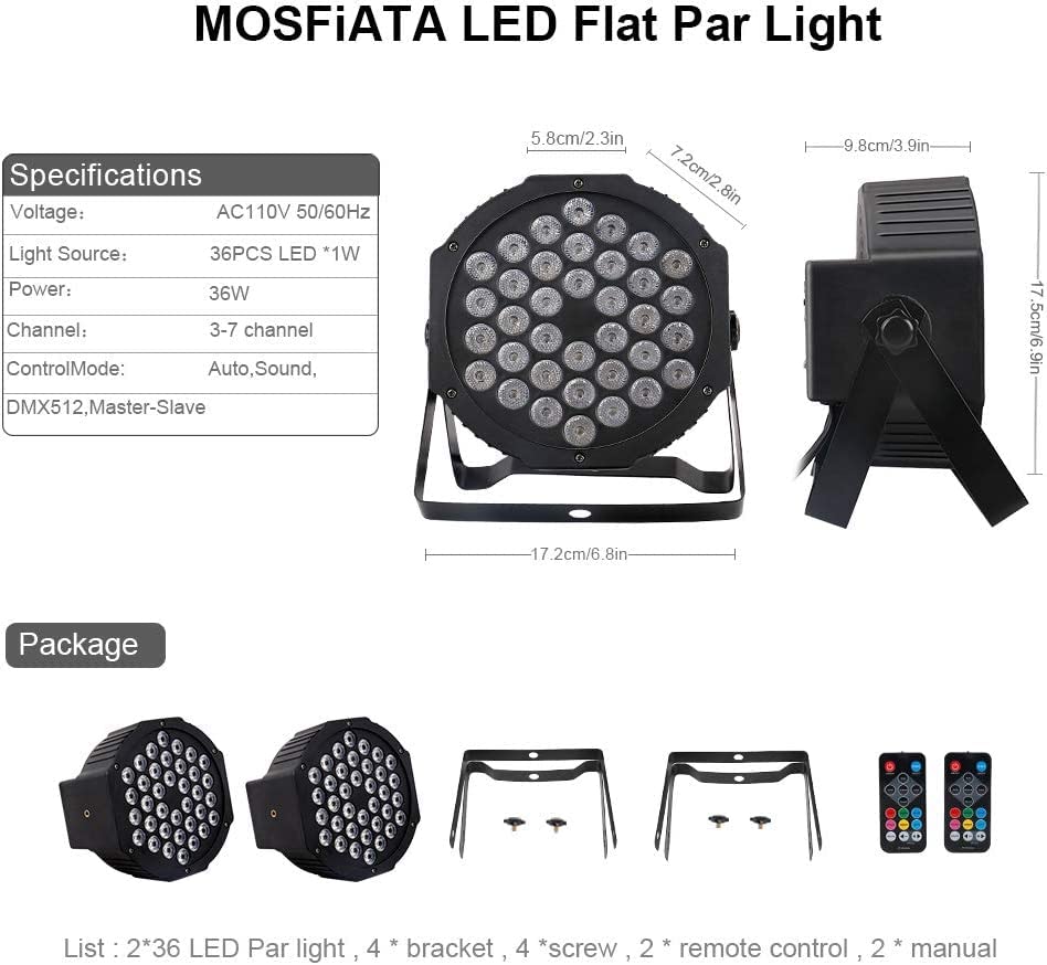 MOSFiATA Par Lights 2 Pack, RGB 36 LED Stage Light Sound Activated DMX Control, 7 Modes Uplighting with Remote Control Stage Lighting, DJ Party Light for Club KTV Disco Party(2 Pack)