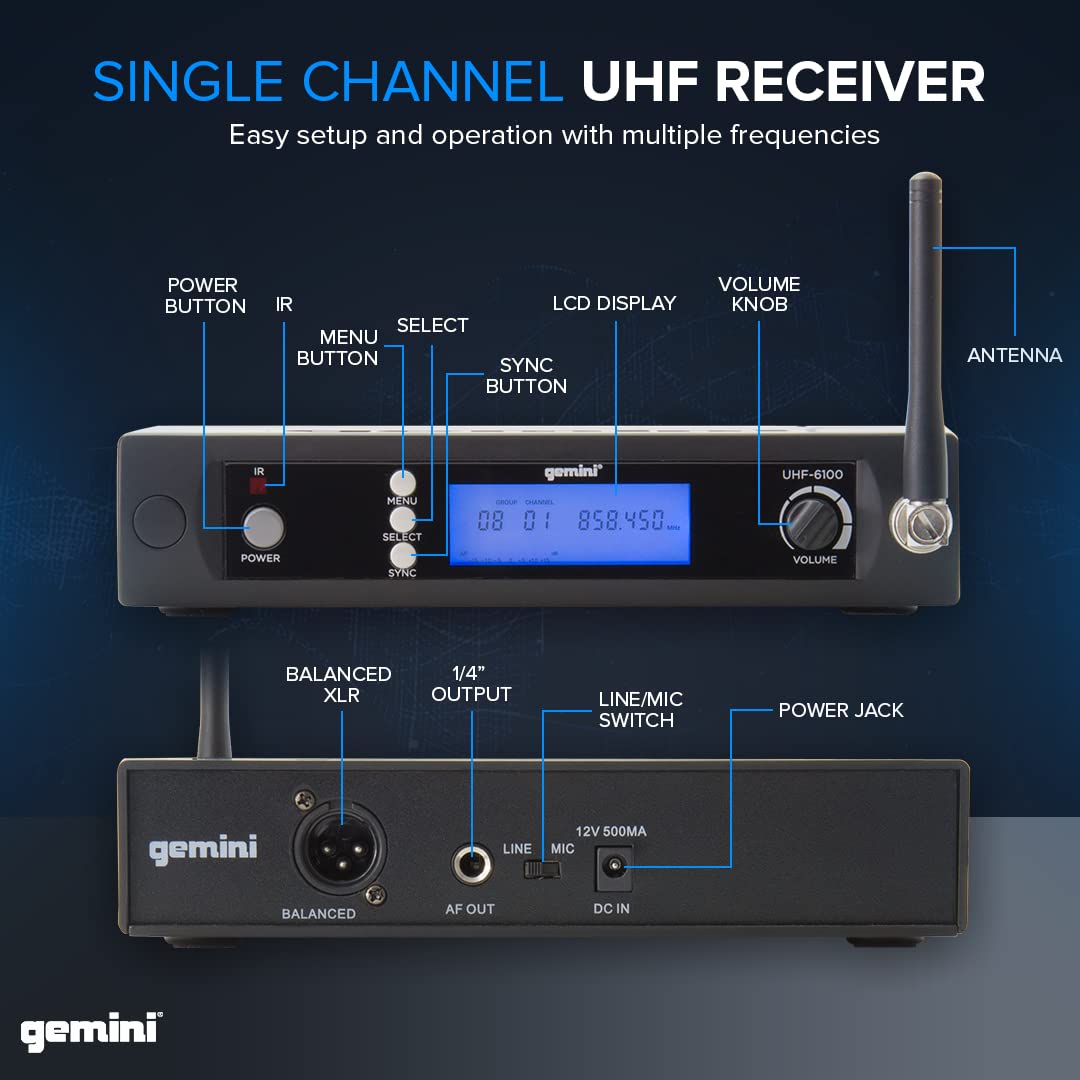 Gemini UHF Handheld Microphone System, 256 Channels, 240ft (UHF-6100M-R2)