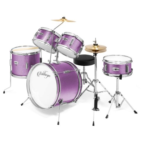 Ashthorpe 5-Piece Complete Kids Drum Set with Genuine Brass Cymbals – Junior Beginner Kit with 16″ Bass, Throne, Hi-Hats, Pedals & Drumsticks – Purple