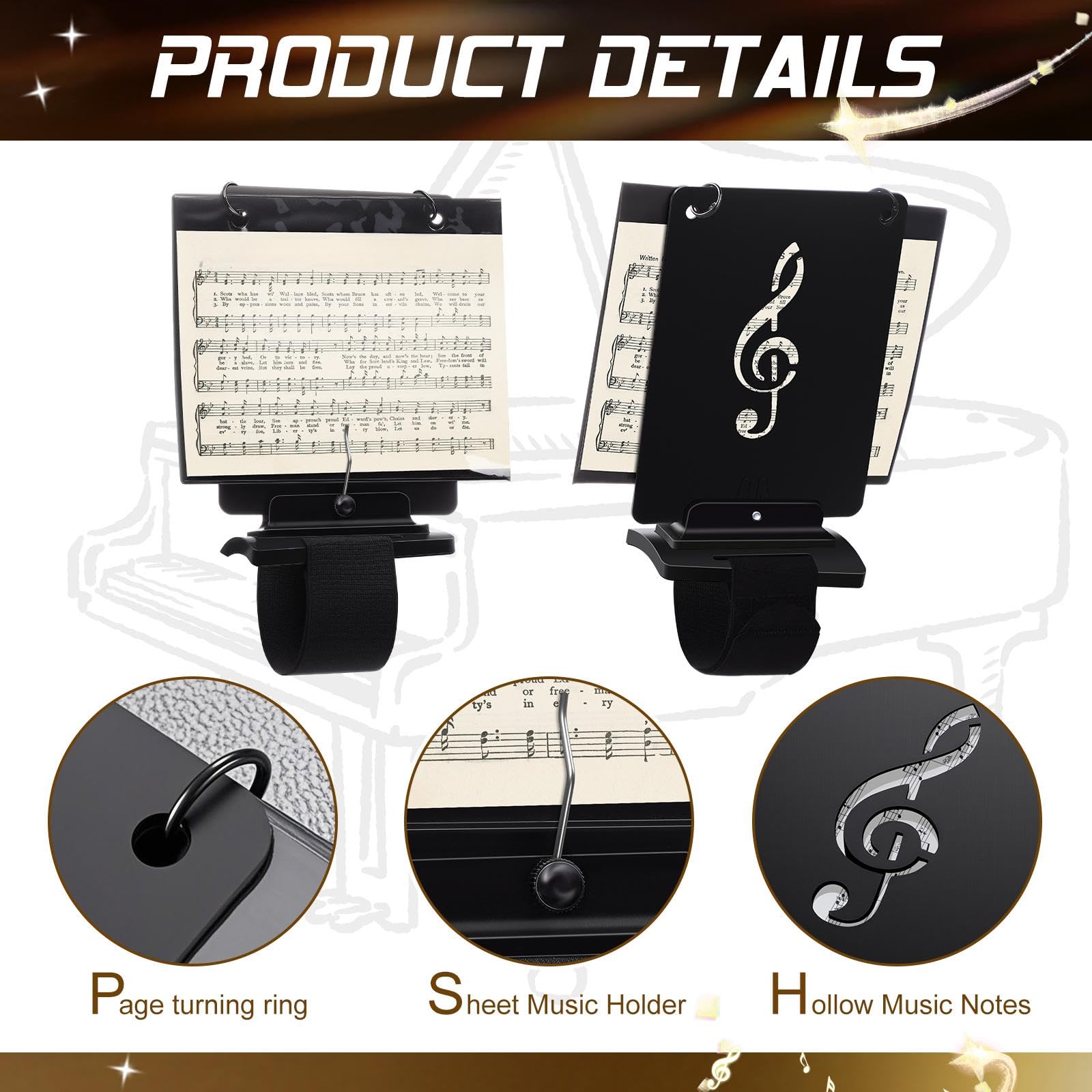 Canlierr Flute Lyre Flip Folder for Marching Band, 12 Pcs Waterproof 7.5 x 6.5 inches Double Sided Flip Folio Folder Pages with 2 Holes Adjustable Sheet Music Stand Holder for Clarinet Trumpet (Black)