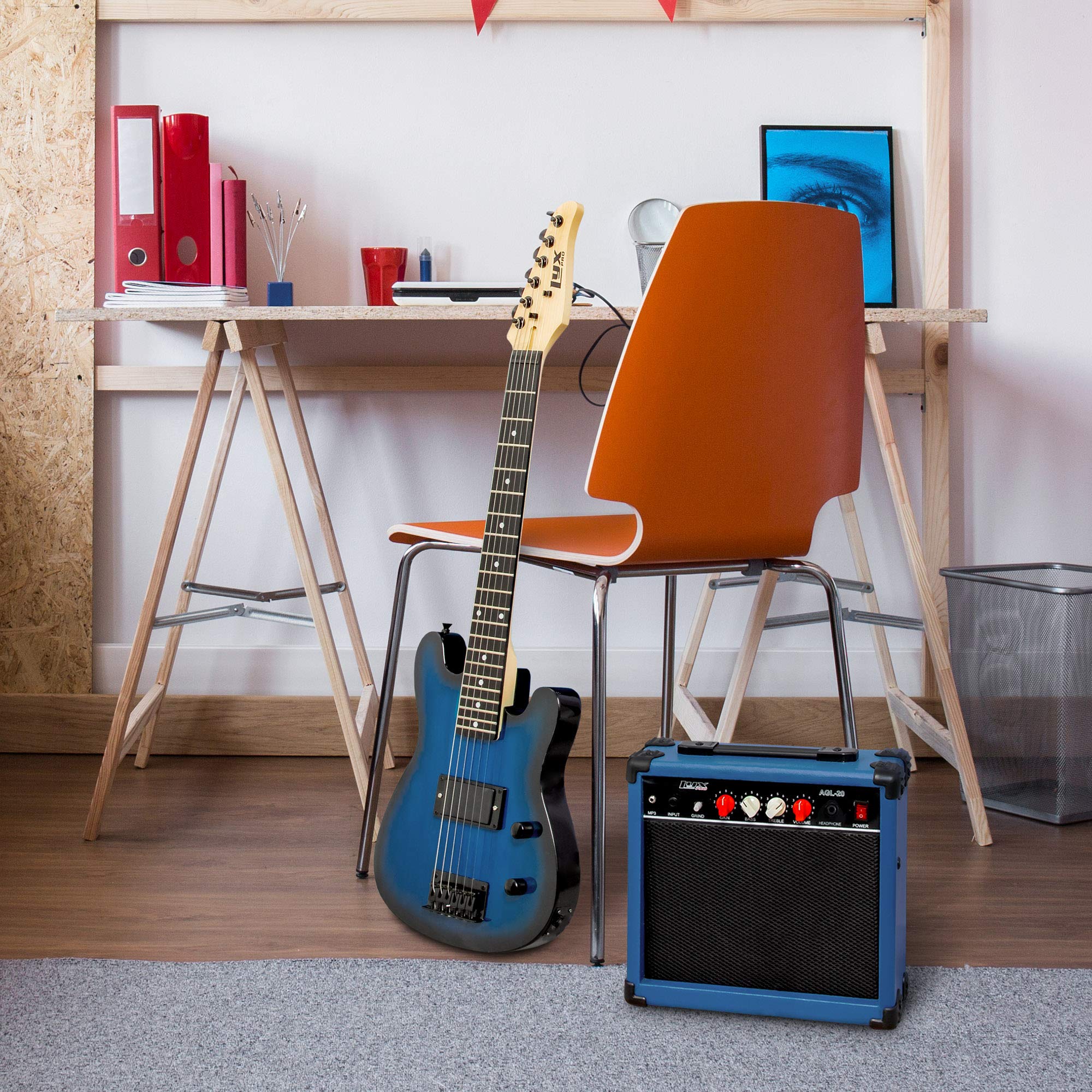 LyxPro 30 Inch Electric Guitar and Starter Kit for Kids with 3/4 Size Beginner’s Guitar, Amp, Six Strings, Two Picks, Shoulder Strap, Digital Clip On Tuner, Guitar Cable and Soft Case Gig Bag – Blue