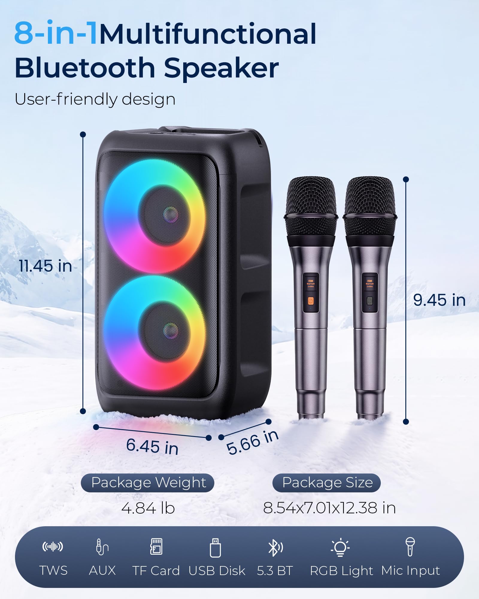 Bluetooth Speaker with 2 Wireless Microphones for Home Outdoor Party