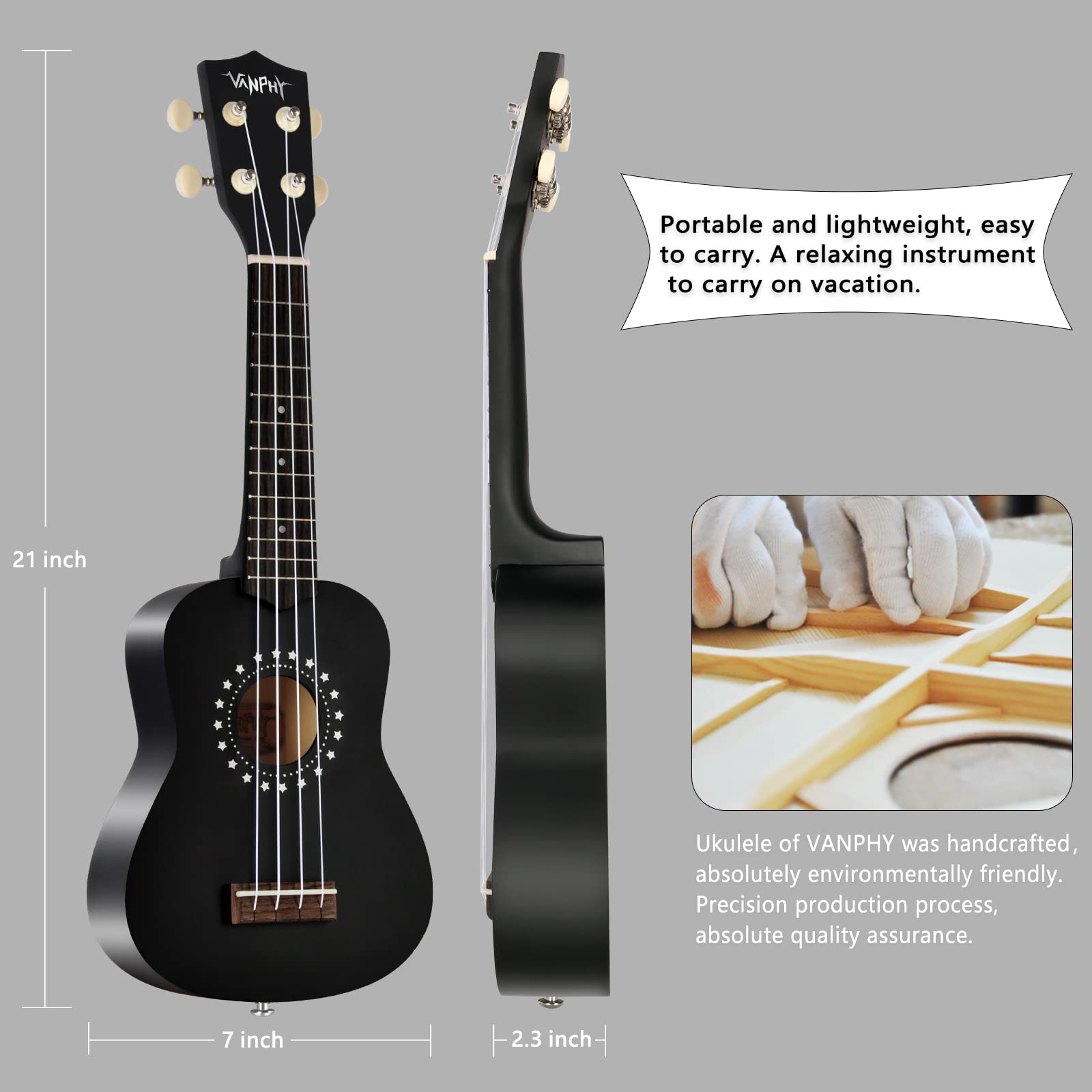 VANPHY Soprano ukulele for beginner with Gig Bag 21 Inch uke for Starter Hawaiian Soprano Ukalalee Polishing adults Basswood 21 Inch uke with Strap Picks Songbook Cleaning Cloth (Light Blue)