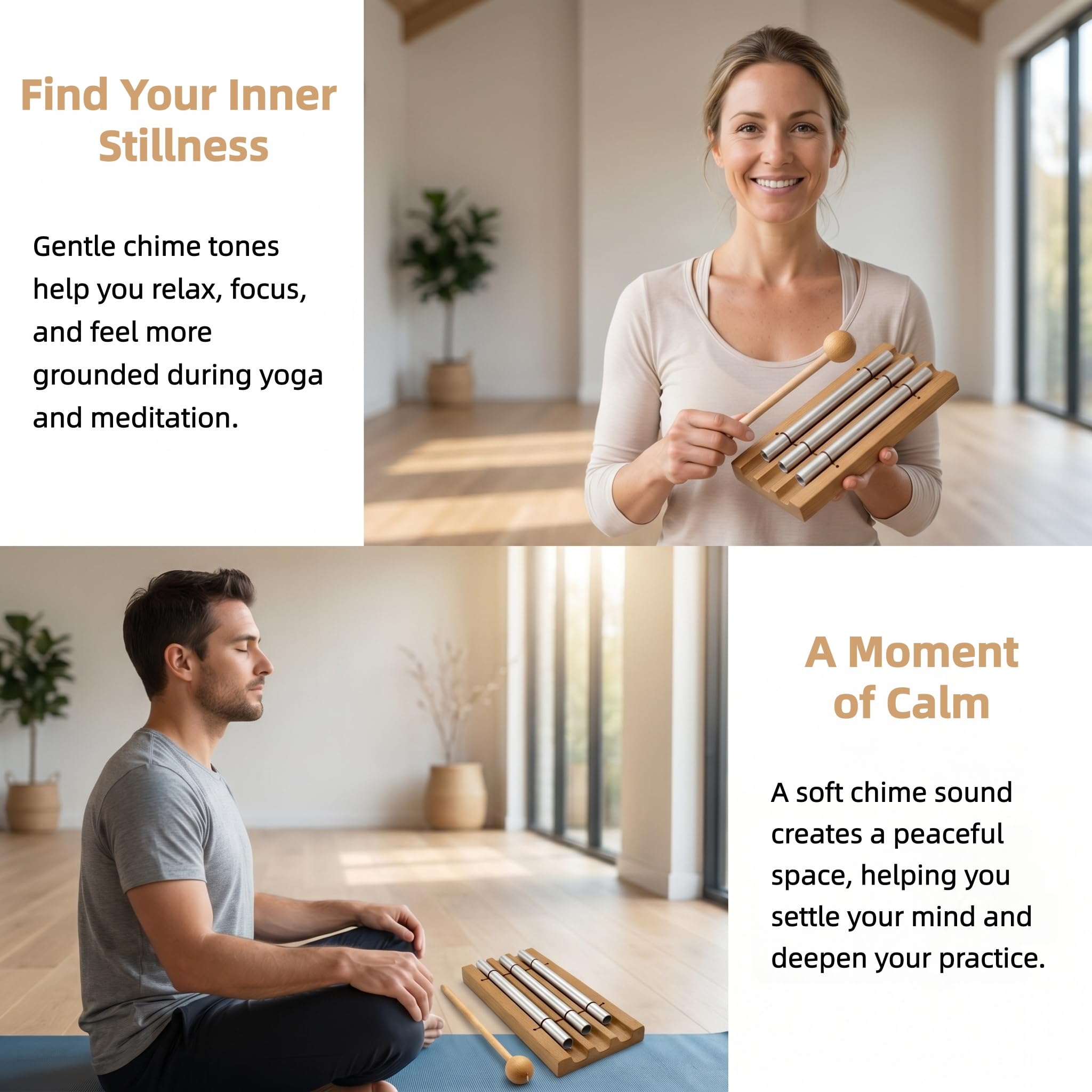 Blinvcra 3 Tone Hand Chime Bell for healing, Meditation Chime Bar with Wooden Mallet for Teachers Classroom Management, Mindfulness Bell Percussion Instrument for Yoga, Prayer, Focus and Relaxation