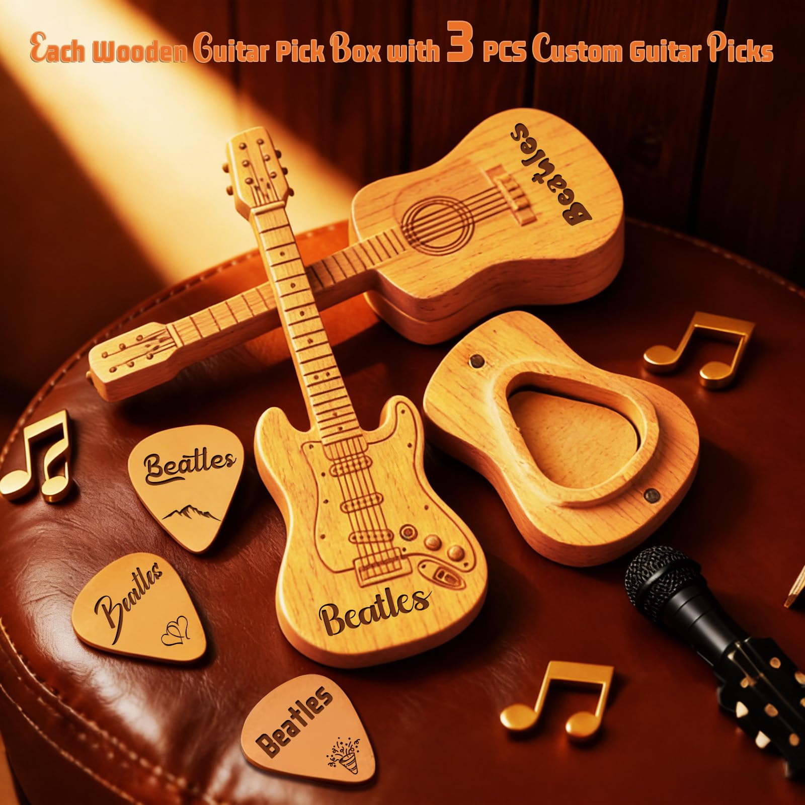 Personalized Wooden Guitar Pick Case with 3 Custom Picks