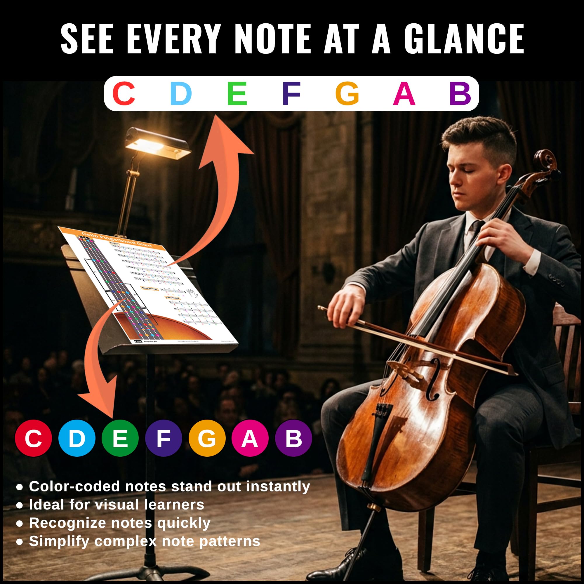 QMG Cello Fingering Chart with Color-Coded Notes, Cello Scales Techniques Suitable for All Levels