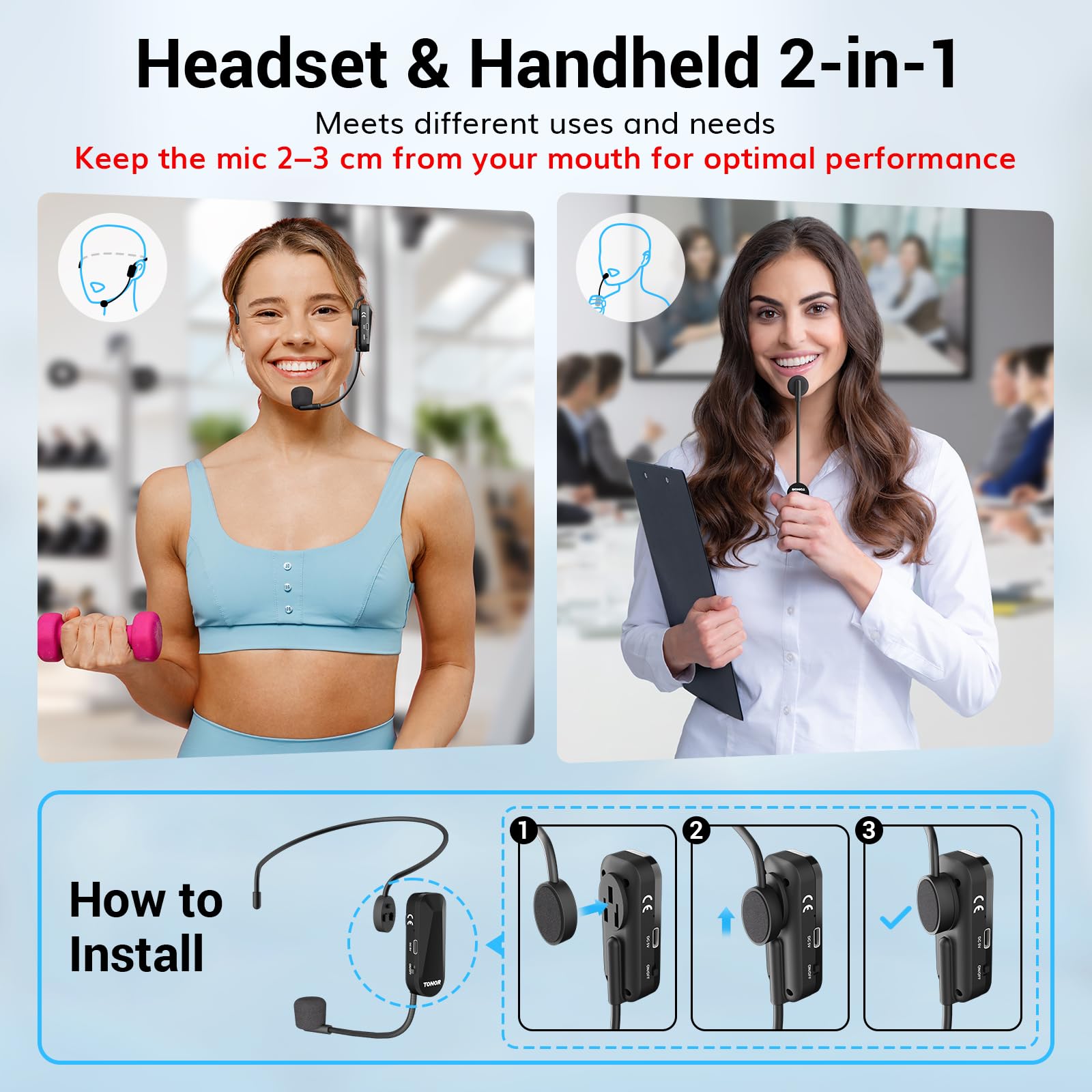 TONOR Wireless Headset Microphone, 2 in 1 UHF Over-Ear Microfono System