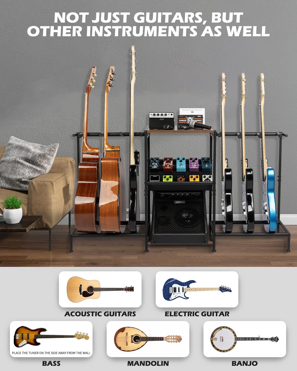 STRICH Guitar Stand – Multiple Guitar Rack with Pedals Organizer for Acoustic, Electric, Bass, Amp Accessories – Display Stand for Home Studio Music Room SMT-40