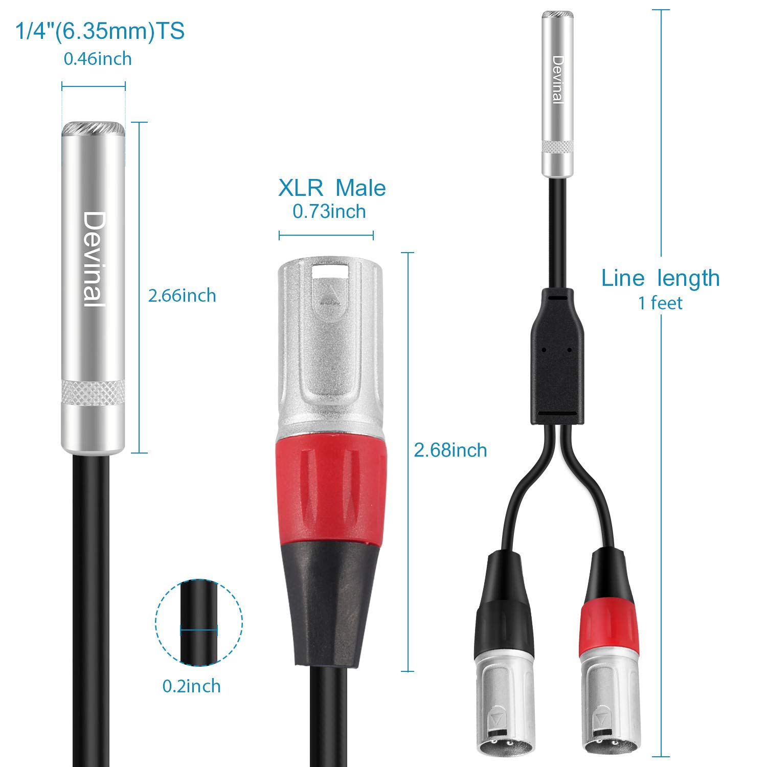 Devinal 1/4 inch Female to Dual XLR Breakout Cable, 6.35mm TRS to 2 XLR Male Audio Converter, 1FT Y Splitter Cord Wire