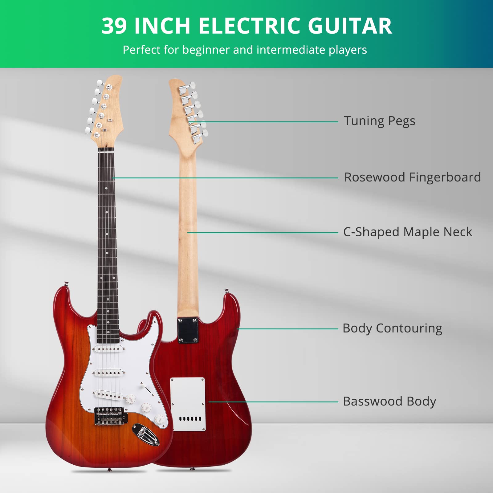 Ktaxon 39 Inch Electric Guitar Solid Body Beginner Kit with Bag Sunset Red