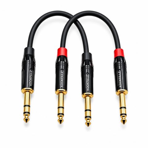 KOOKFJLLZ 1/4 Inch TRS Balanced Cable 1 Foot (2-Pack) Male to Male – 20AWG OFC Professional Audio Patch Cable with 24K Gold-Plated Connectors for Studio Monitor, Audio Interface, DJ Mixer, Amplifier