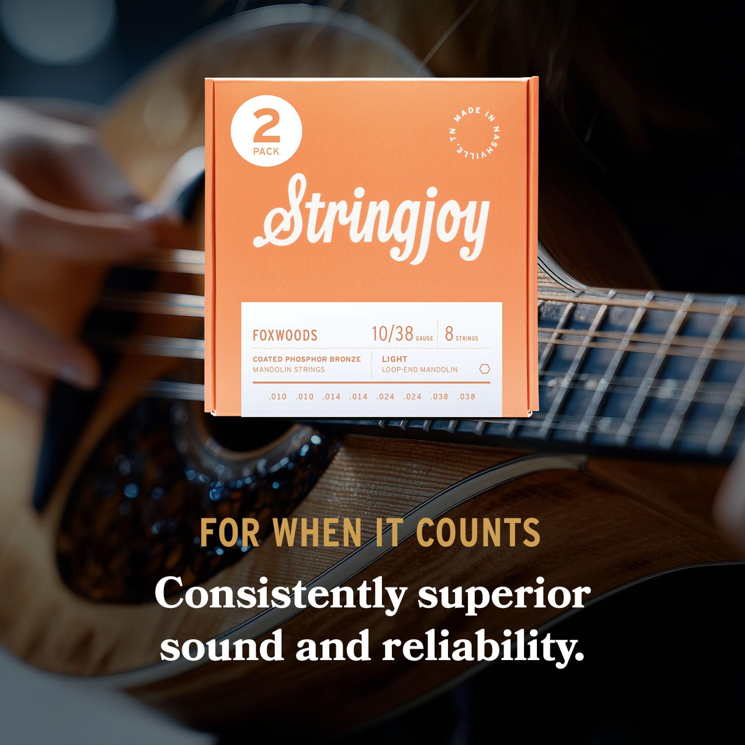 Stringjoy Foxwoods 10-38 Balanced Light Gauge Coated Mandolin Strings – Coated Phosphor Bronze Mandolin Strings – Long-Lasting, Rich and Balanced Loop-End Strings, 8 String Set, 2-Pack