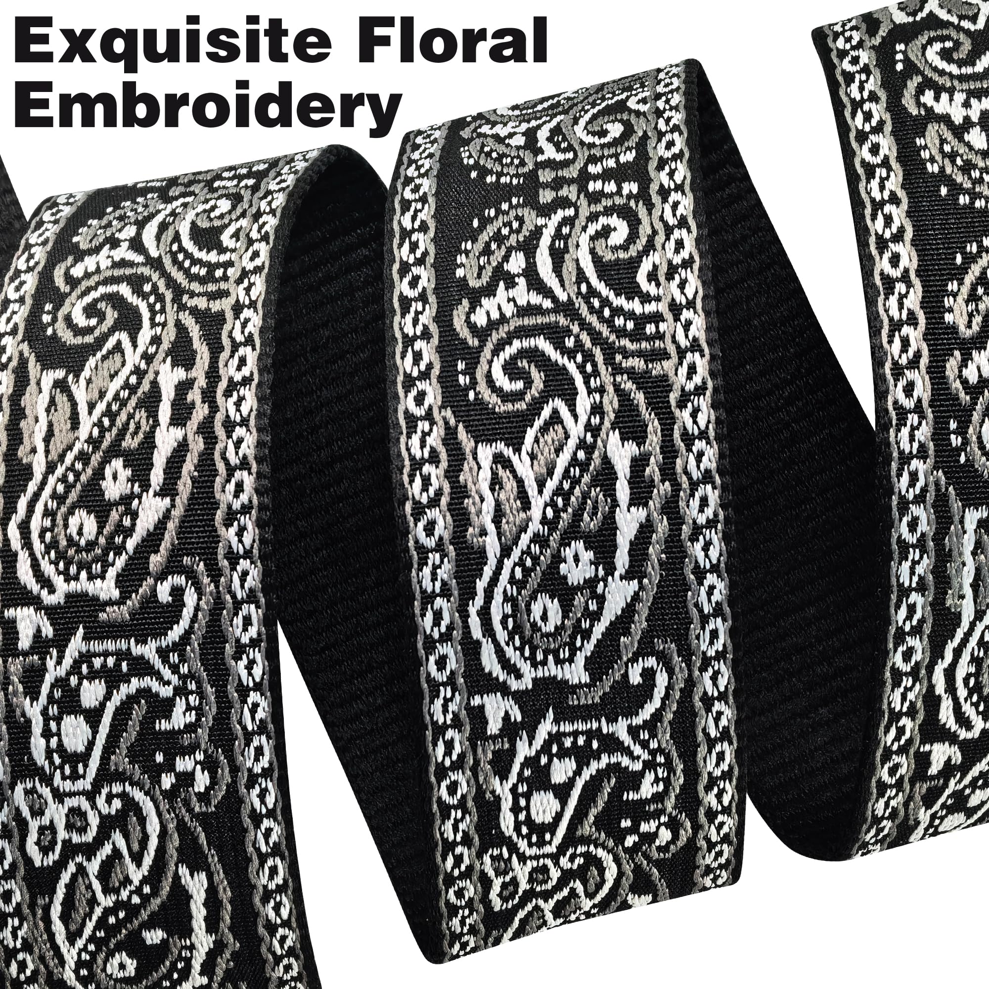 72 Inch Guitar Strap, Vintage Black White Paisley Jacquard Woven Adjustable Strap with Premium Genuine Cowhide Leather Ends, Strap Locks & Picks for Acoustic Electric Bass (Black and white)