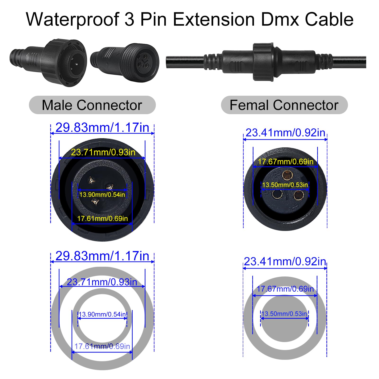 MAD OWL Waterproof DMX Cable XLR Connection Wire 5m 16.4ft IP65 Rated DMX Extension Cable, Outdoor DMX Cable Connector for Stage Lights Hand in Hand 3 Pin DMX Terminator Plug Waterproof DMX Wire