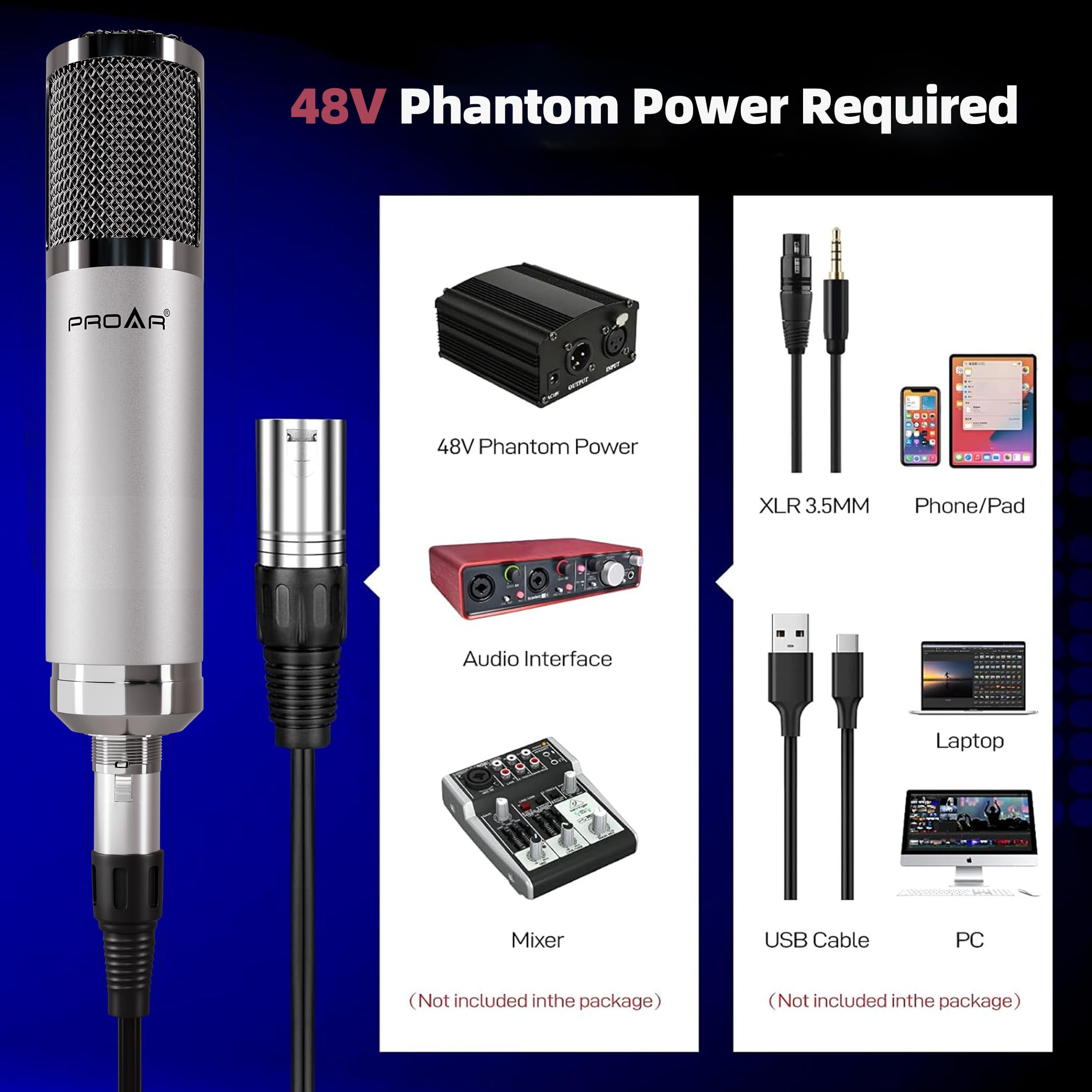 PROAR XLR Condenser Microphone Kit with Boom Arm, Pop Filter and XLR Cable