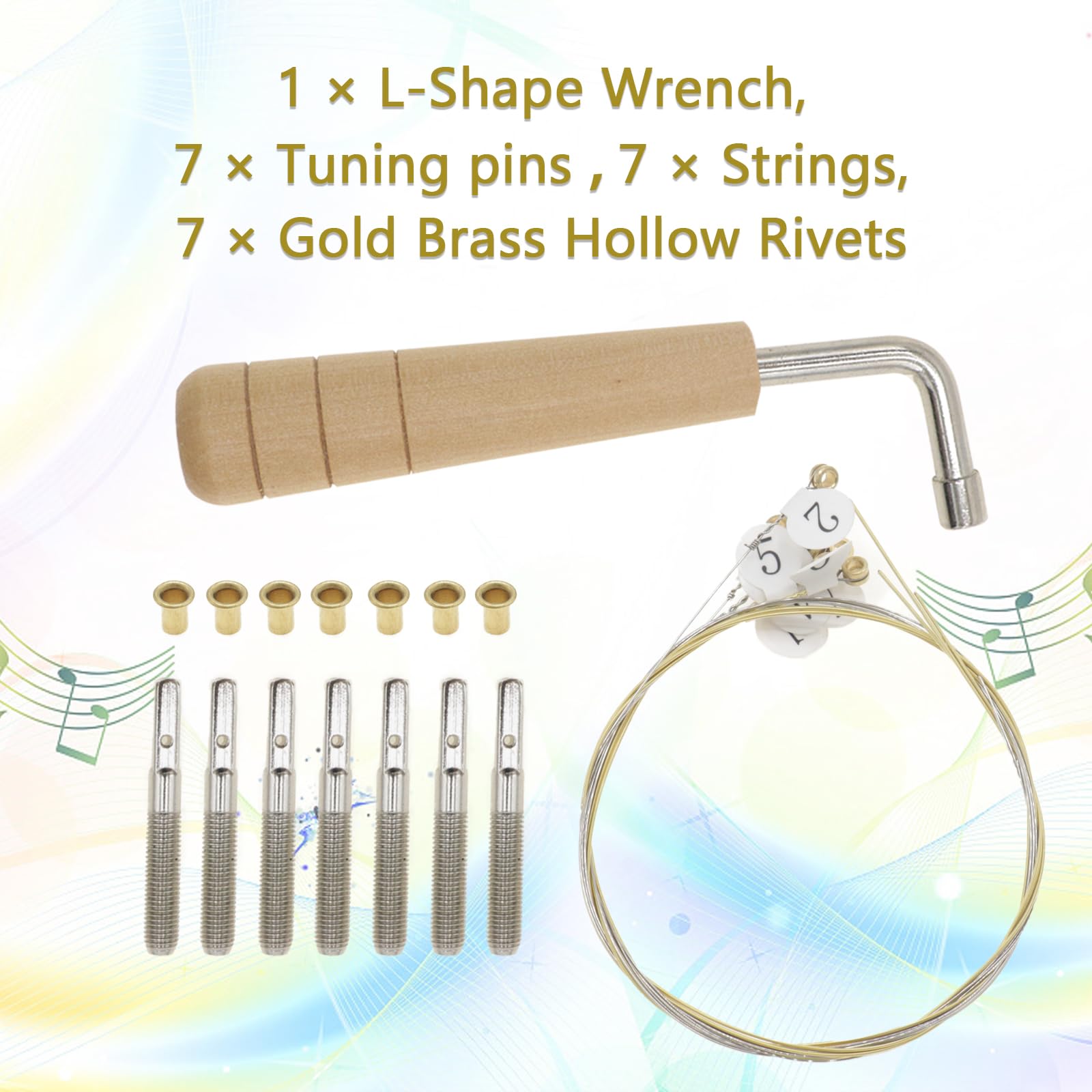 CashBeat 7 String Lyre Harp Repair Kit with Tuning Pins, Wrench and Rivets
