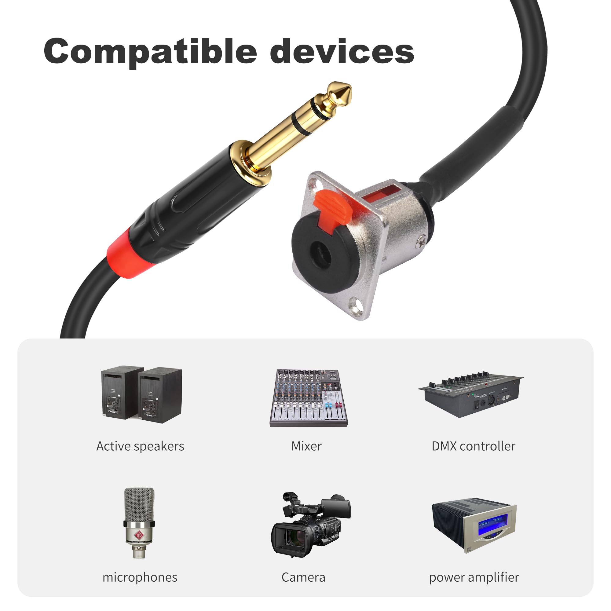 Voluty Tek 1/4″ 6.35MM Female D-Type Panel Mount to 6.35MM Male Stereo Jack Cable TRS Female Solderless Wall Plate to 1/4 Male Cable 60CM 2FT