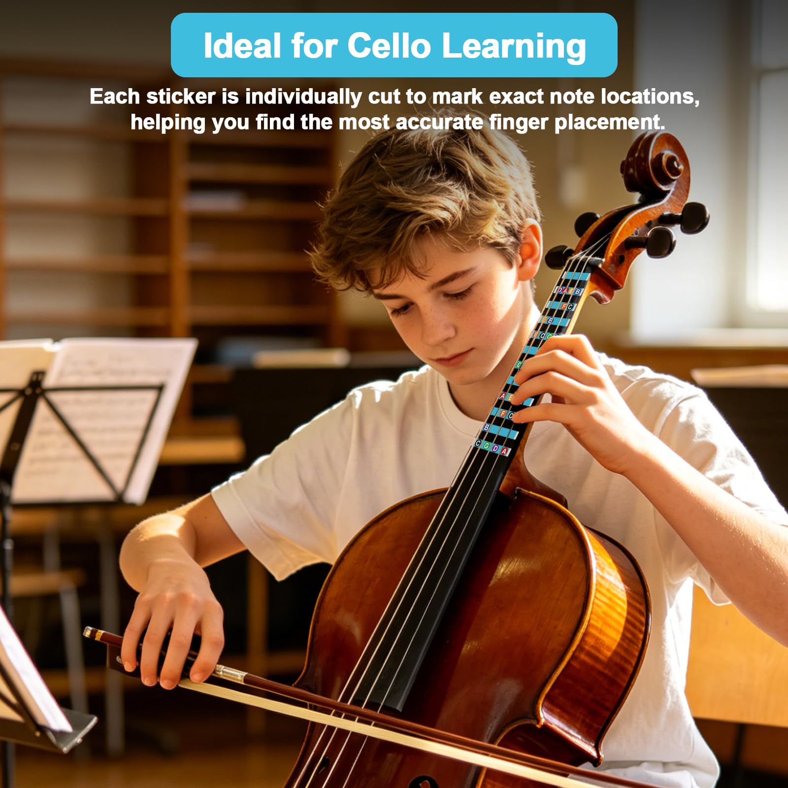 Enjoyard Cello Finger Guide Stickers & Learning PVC Card, Note Chart, Rest Values, Rhythms, Circle of Fifths, Cello Practice Tool for Kids Adults Beginners 4/4 3/4 1/2 1/4 (3/4)