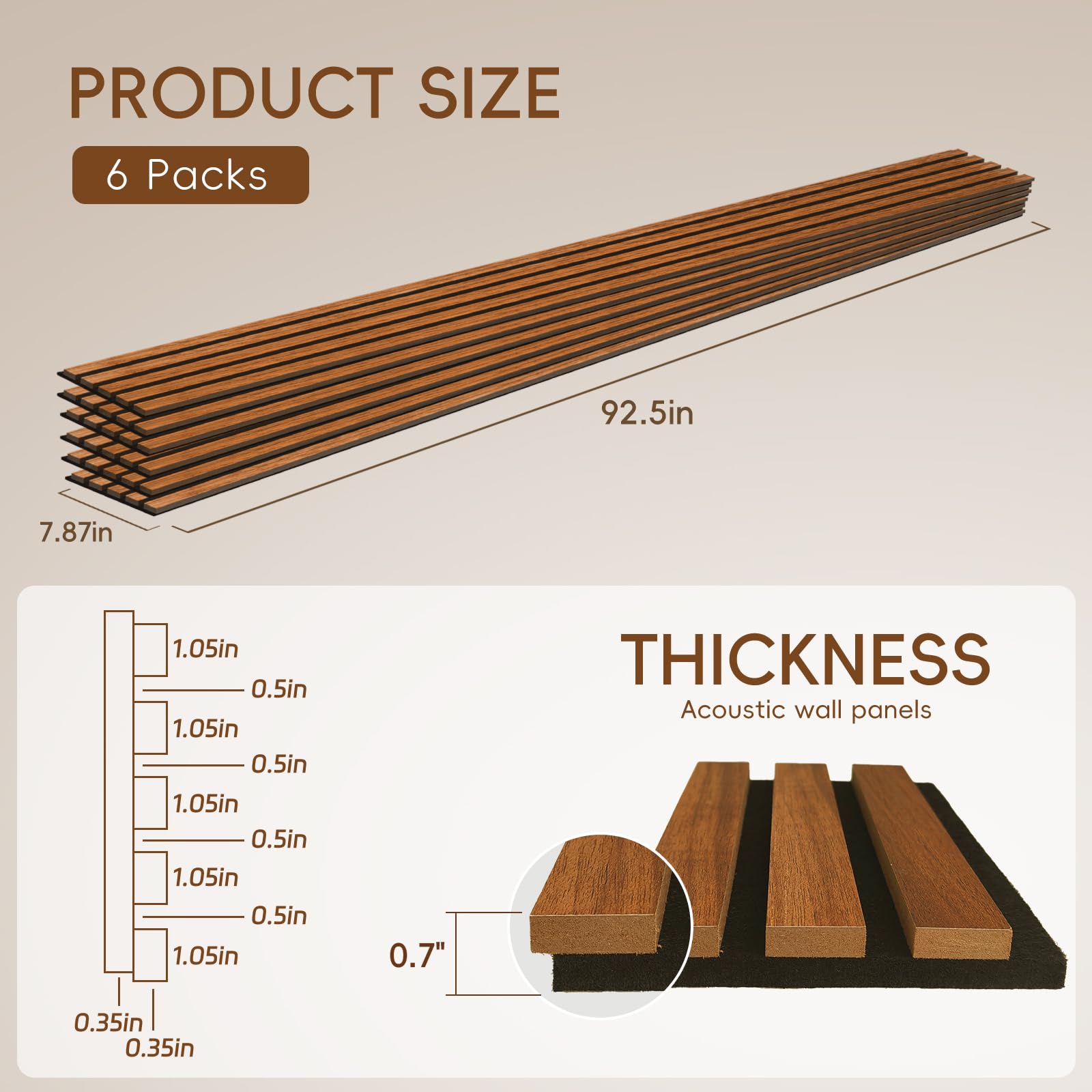 EVERECO 6 Pack Wood Slat Acoustic Wall Panels 92.5″ × 7.87″, 3D Sound Absorbing Wall Panels for Home Office Decoration (Luxury Teak)