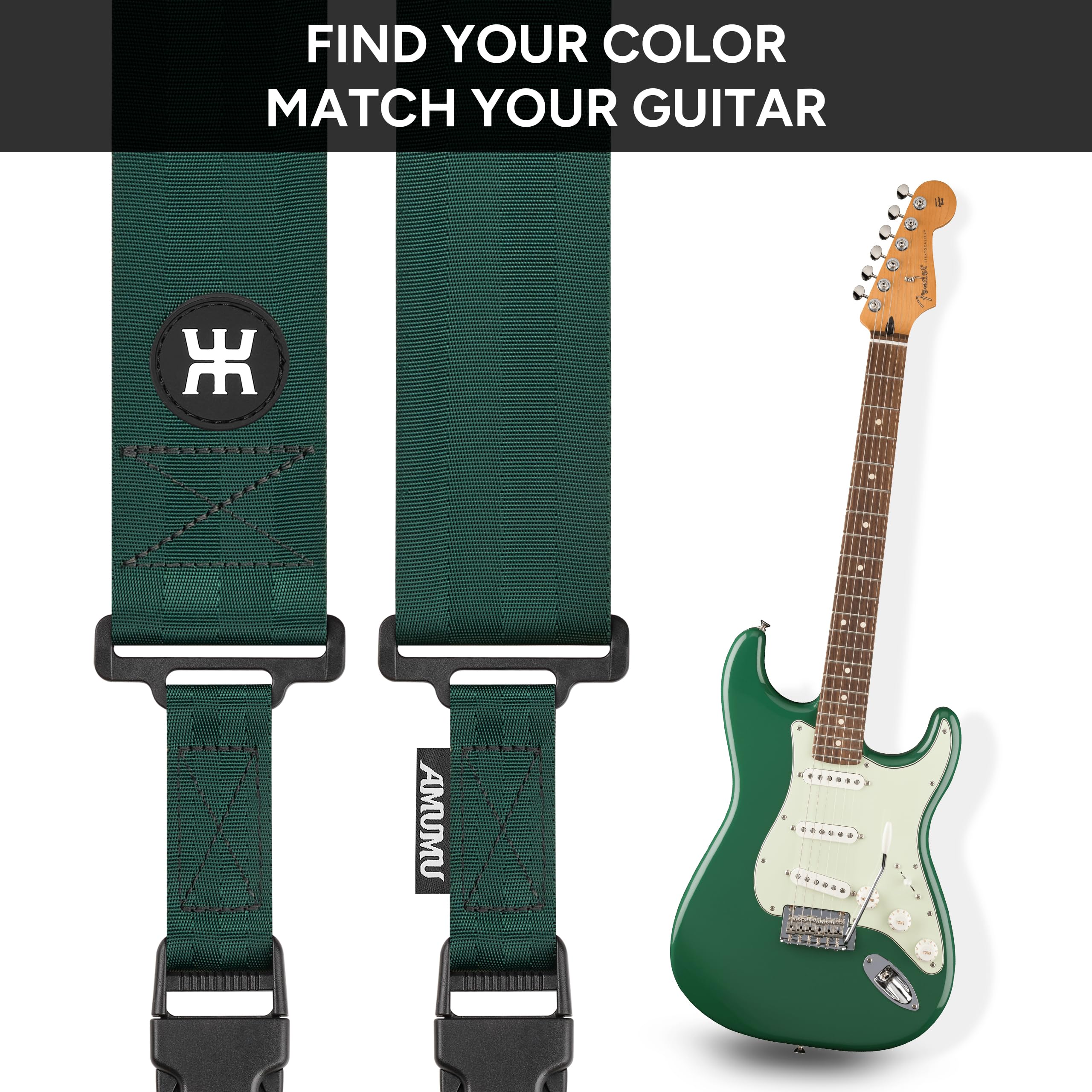 Amumu SNAPLOCK Pro Guitar Strap – Quick-Release Buckle, Screw Fasten Ends, Quick-Fetch Pick Holder, Adjustable 38″-57″, Fits Bass, Electric Guitars, Gift for Guitarists, Emerald Green