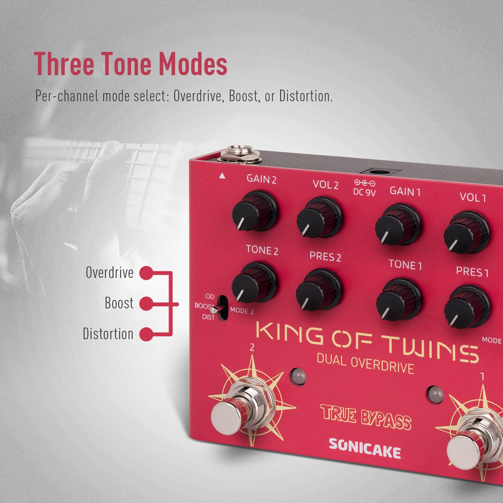 SONICAKE Overdrive Guitar Pedal, Dual Channel 3 Mode – King of Twins QDS-08