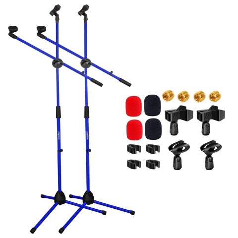 5 Core Microphone Stand Pair Floor Universal Adjustable Tripod and Boom Mic Heavy Duty Extendable Dual Mic Holder for Stage Studio w Mic Clip & Screw Adapter Deep Blue