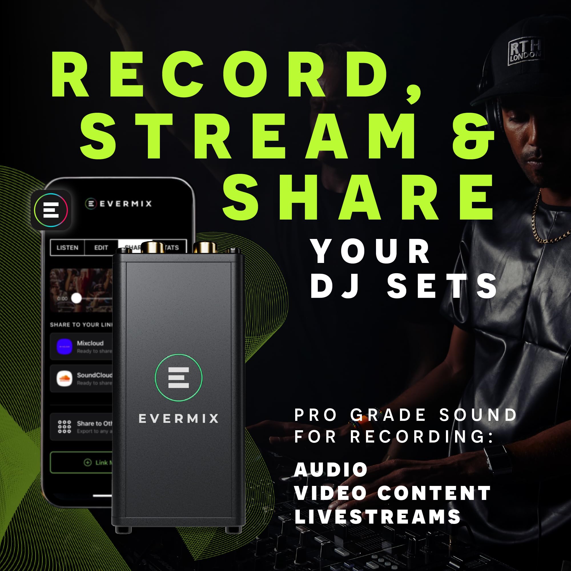 Evermix Box 5 DJ Audio Interface – Record and Livestream DJ Sets in High Quality, iOS and Android Compatible, Black