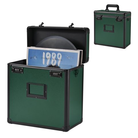GALHUBIS Vinyl Record Box, Lockable Album Organizer, Holds 32 LPs, Green