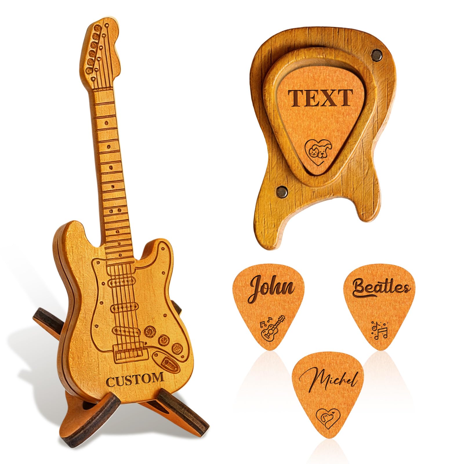 Personalized Wooden Guitar Pick Case with 3 Custom Picks