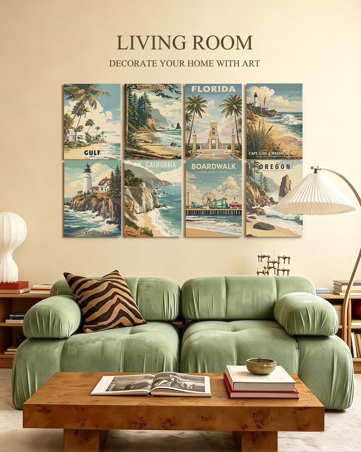 InSimSea Acoustic Art Wall Panels for Living Room, Laundry, Podcast, Game Room, 48x32in, Vintage US Coast Travel Sound Absorbing Wall Art, Cottage Poster Style, Soundproof, Noise Reduction, 8pcs